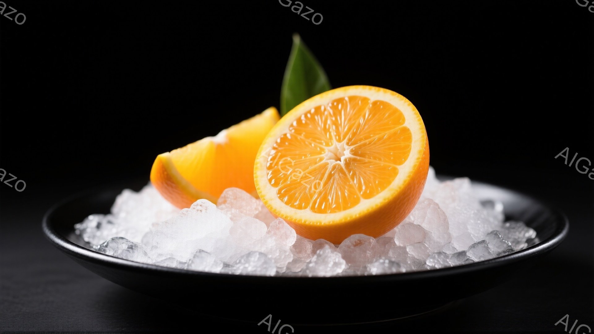 鮮やかなオレンジが、砕いた氷の上に置かれた写真です。オレンジは半分にカットされており、果肉の断面がはっきりと見えます。黒い皿と背景とのコントラストが強調され、爽やかで夏らしい雰囲気を醸し出しています。