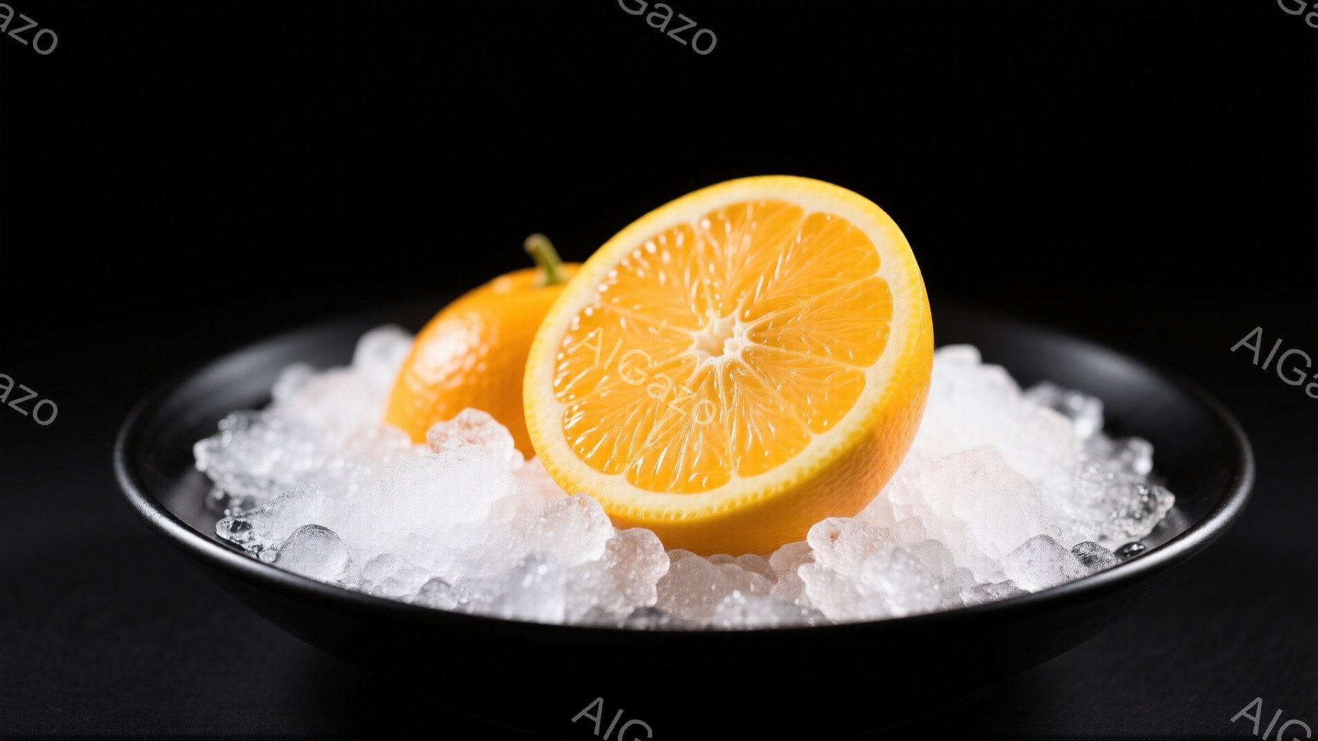 鮮やかなオレンジが、砕いた氷の上に置かれた写真です。オレンジは半分にカットされており、果肉の断面がはっきりと見えます。背景は真っ黒で、オレンジと氷のコントラストが際立っており、涼しげで爽やかな印象を与 - AI生成フリー素材