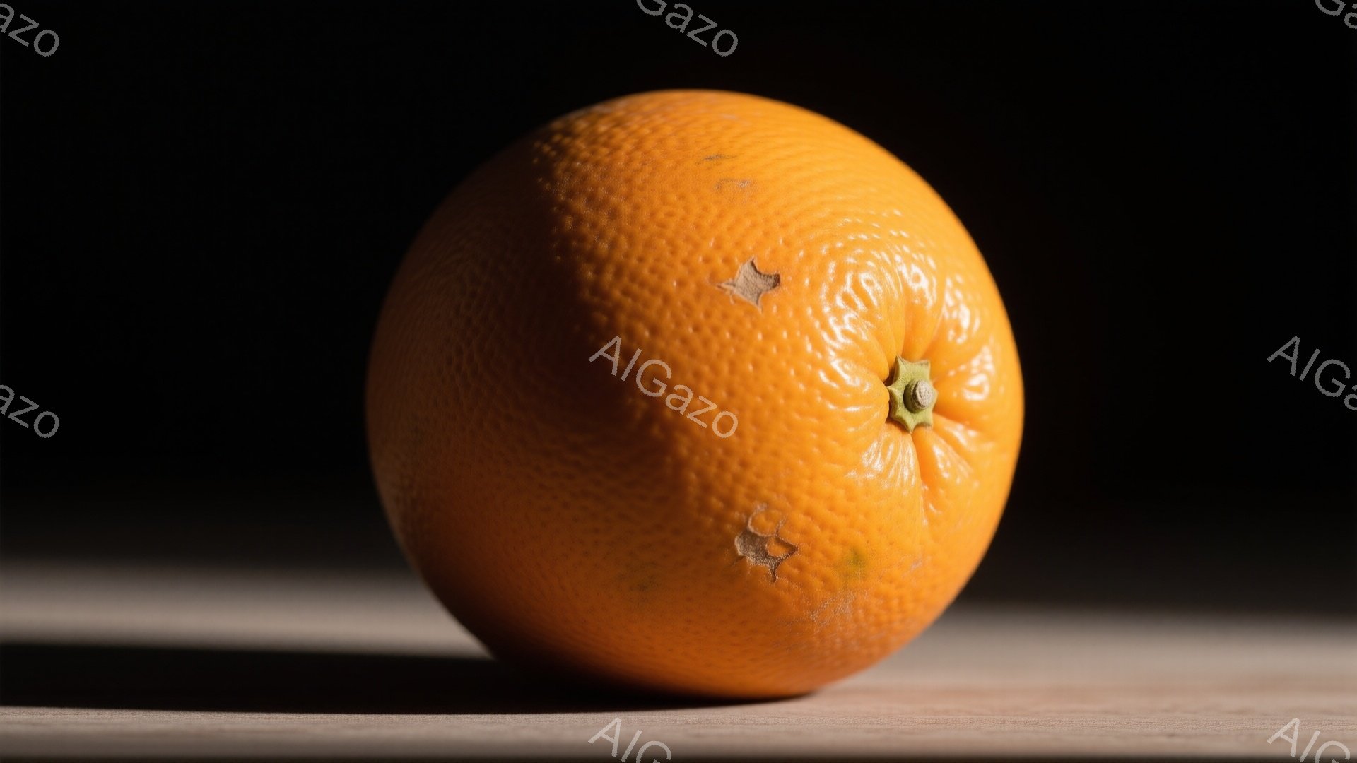 鮮やかなオレンジ色が印象的なみかんが、木製のテーブルの上に置かれています。表面には小さな傷や凹凸があり、自然な質感が強調されています。暗い背景とのコントラストで、みかんが際立っており、シンプルな構図が - AI生成フリー素材