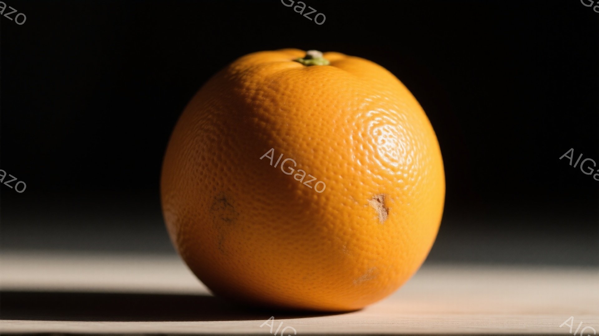 鮮やかなオレンジ色のオレンジが、木製の台の上に置かれている。表面にはわずかな傷や凹凸が見られ、自然な質感が出ている。背景は暗く、オレンジが際立って見えるように照明が当てられている。 - AI生成フリー素材