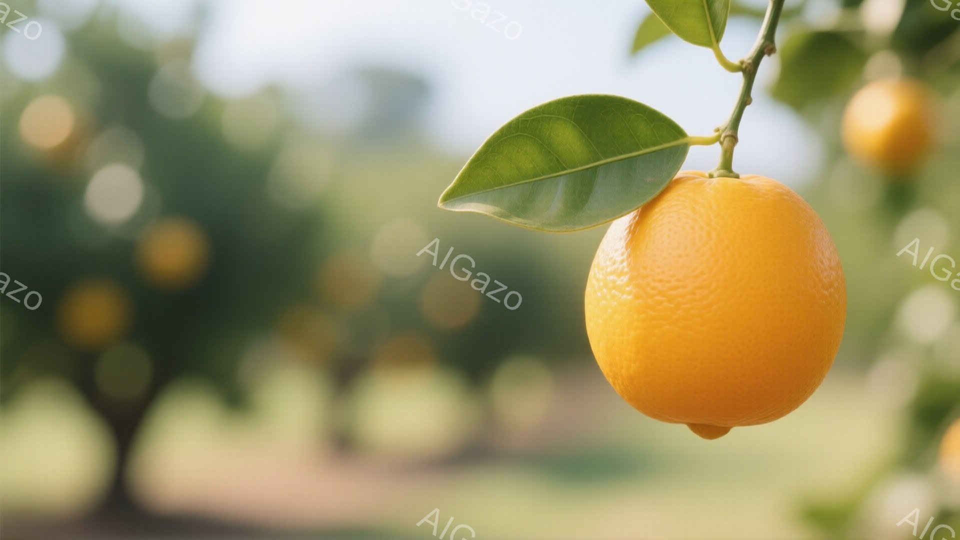 鮮やかなオレンジ色のオレンジが、緑の葉とともに枝からぶら下がっている。背景はぼやけた緑色の風景で、他のオレンジもわずかに見え、暖かい日差しが差し込んでいるように見える。全体的に、爽やかで自然な雰囲気が - AI生成フリー素材
