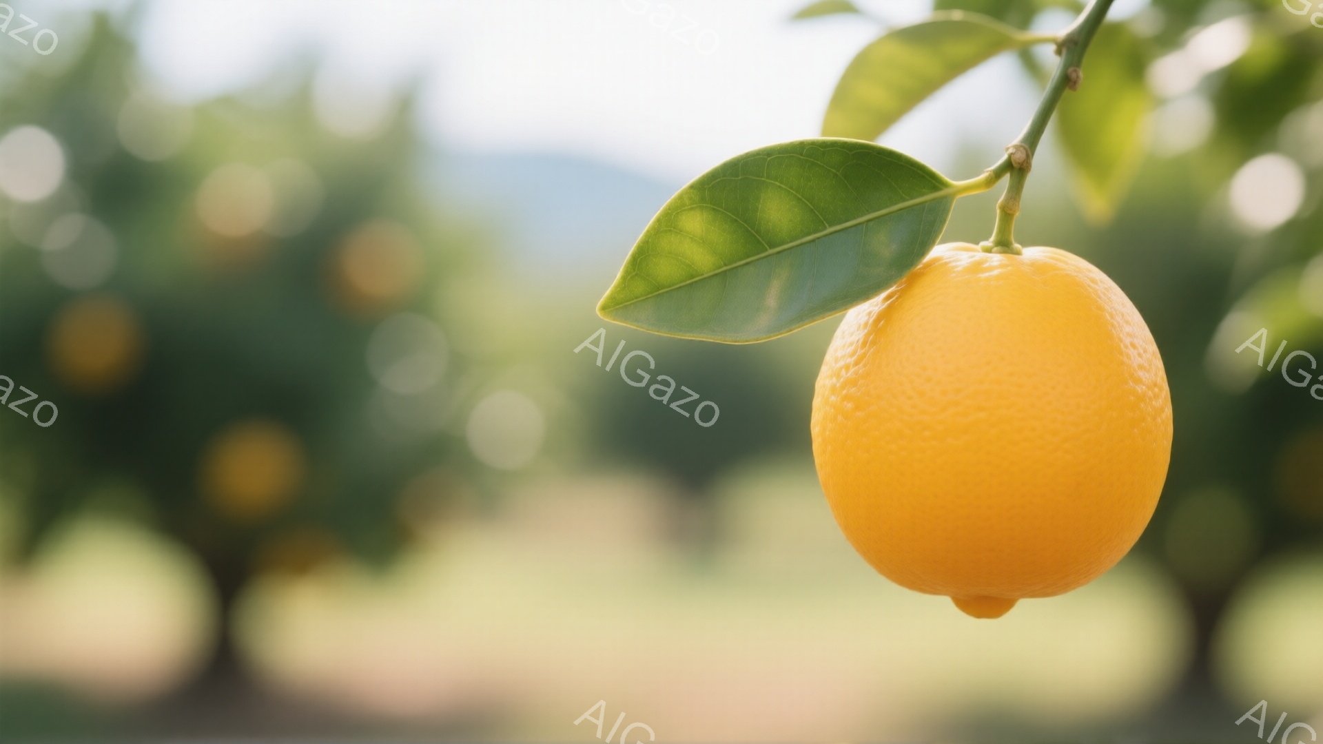鮮やかなオレンジ色の柑橘類が枝に実っている様子が捉えられています。背景にはぼやけた緑色の葉や他の柑橘類の果実が見え、太陽の光が差し込む穏やかな果樹園の雰囲気が漂っています。果実の鮮やかな色は、自然の恵 - AI生成フリー素材