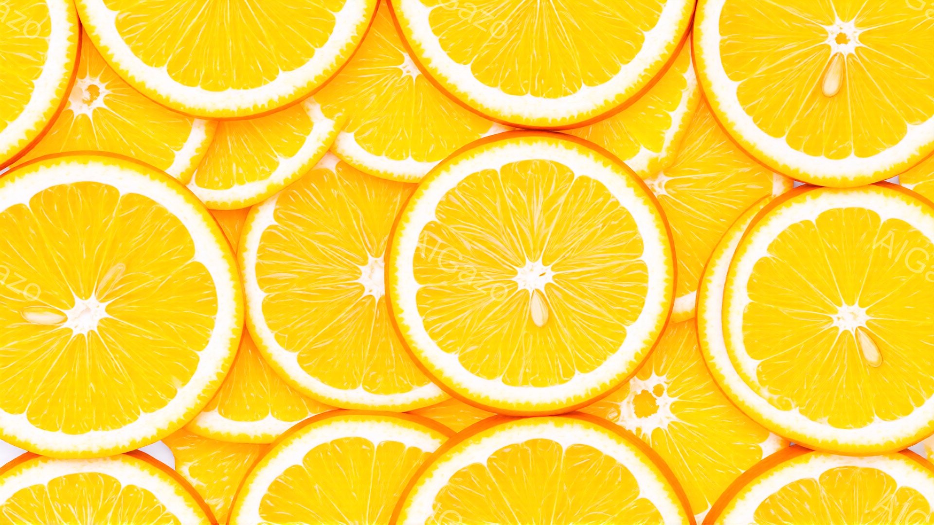 画像はオレンジのスライスがぎっしりと並んだクローズアップ写真です。果肉の鮮やかなオレンジ色と、白い果皮のコントラストが印象的で、全体的に明るく爽やかな印象を与えます。背景は白いため、オレンジのスライスが際立って見えます。