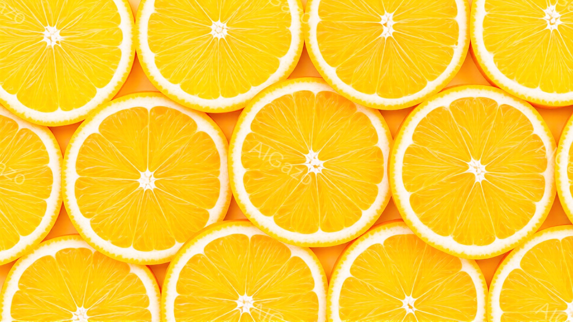 鮮やかなオレンジのスライスが隙間なく並べられたクローズアップ写真です。果肉のオレンジ色が強く、背景も同系色のため、全体的に暖かく、明るい印象を与えます。規則的に並んだオレンジは、シンプルでありながらも視覚的に魅力的なパターンを作り出しています。