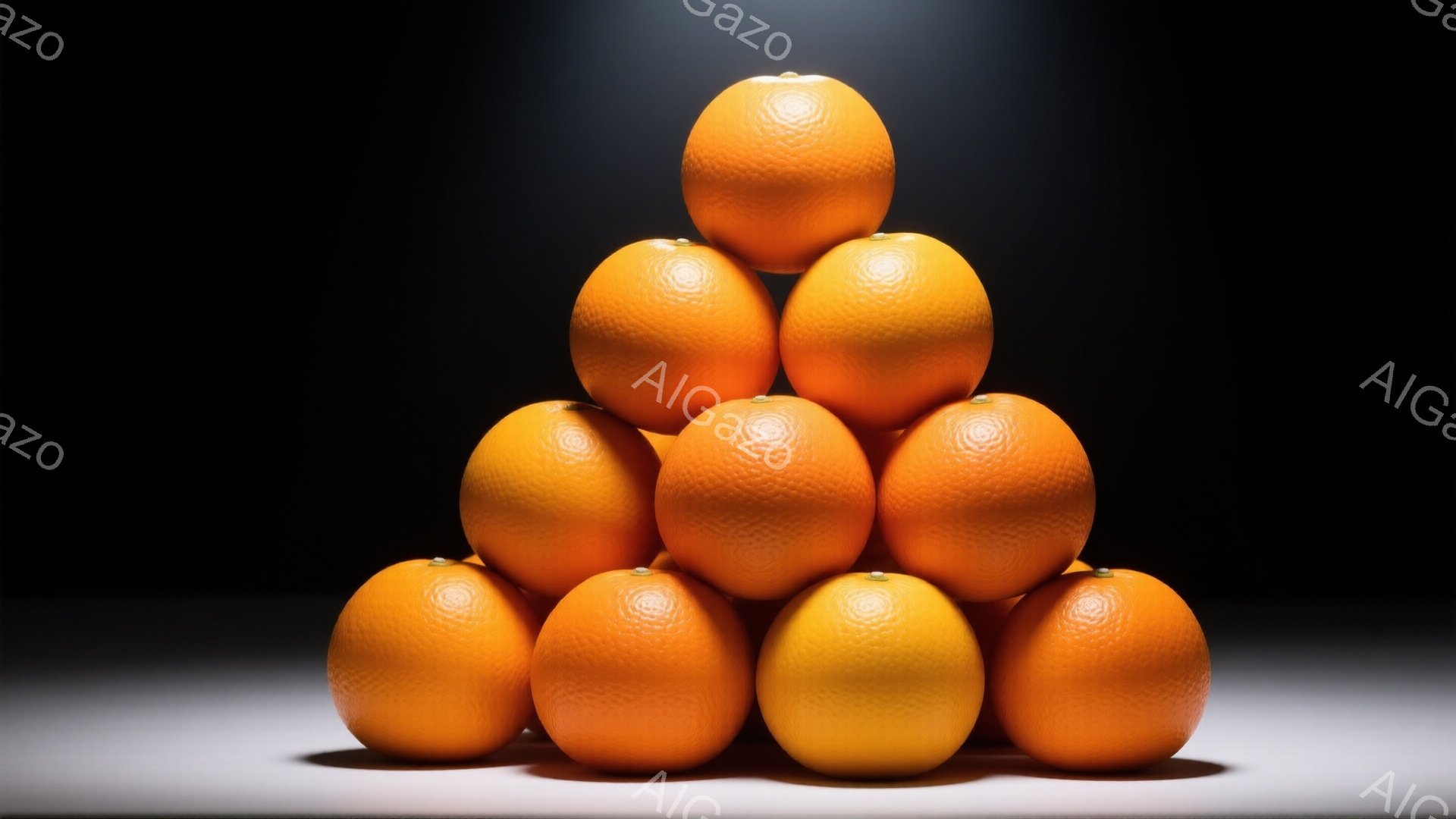画像にはオレンジがピラミッド状に積み重ねられています。背景は白から暗いグレーへのグラデーションで、影がわずかに見えます。鮮やかなオレンジ色が際立ち、シンプルでありながらも視覚的に訴える構成となっています。