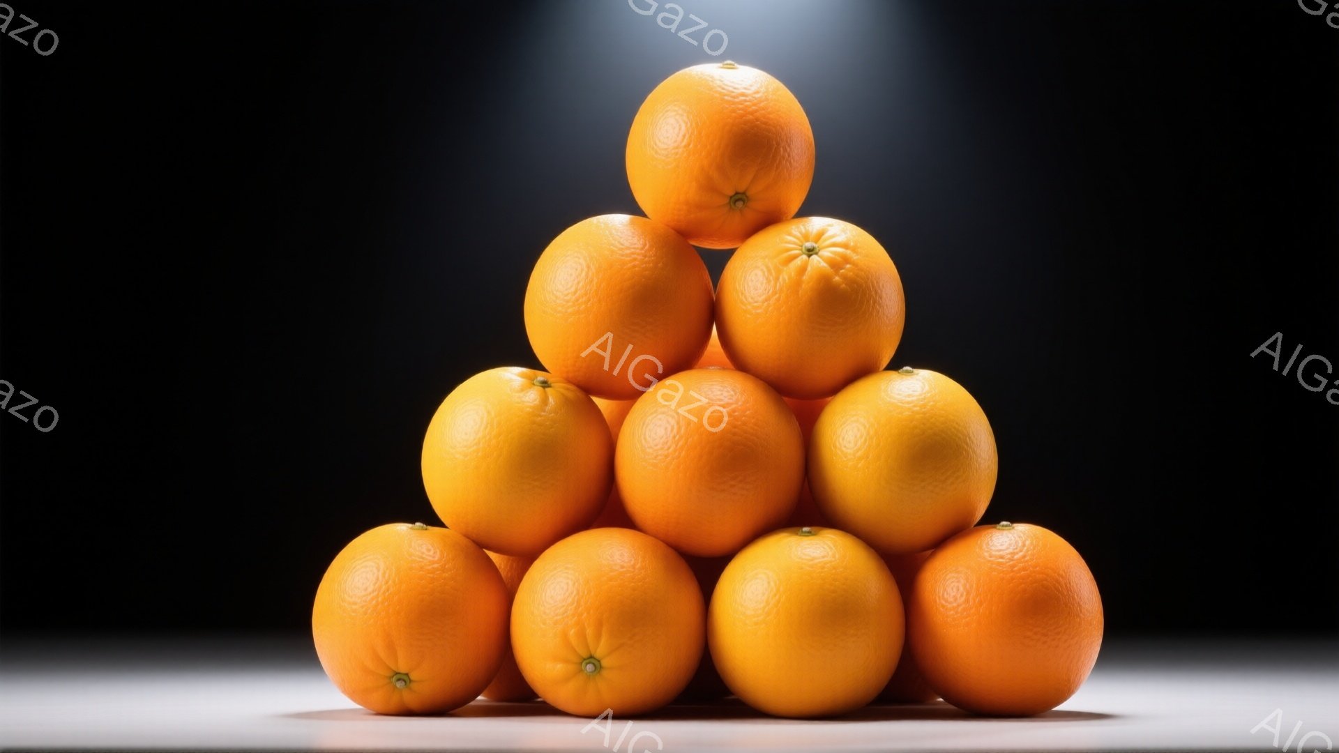 鮮やかなオレンジがピラミッド状に積み重ねられています。背景は暗く、下部は明るいグレーの台の上に置かれています。全体的に、シンプルでミニマルな構成で、果物の鮮やかさが際立っています。