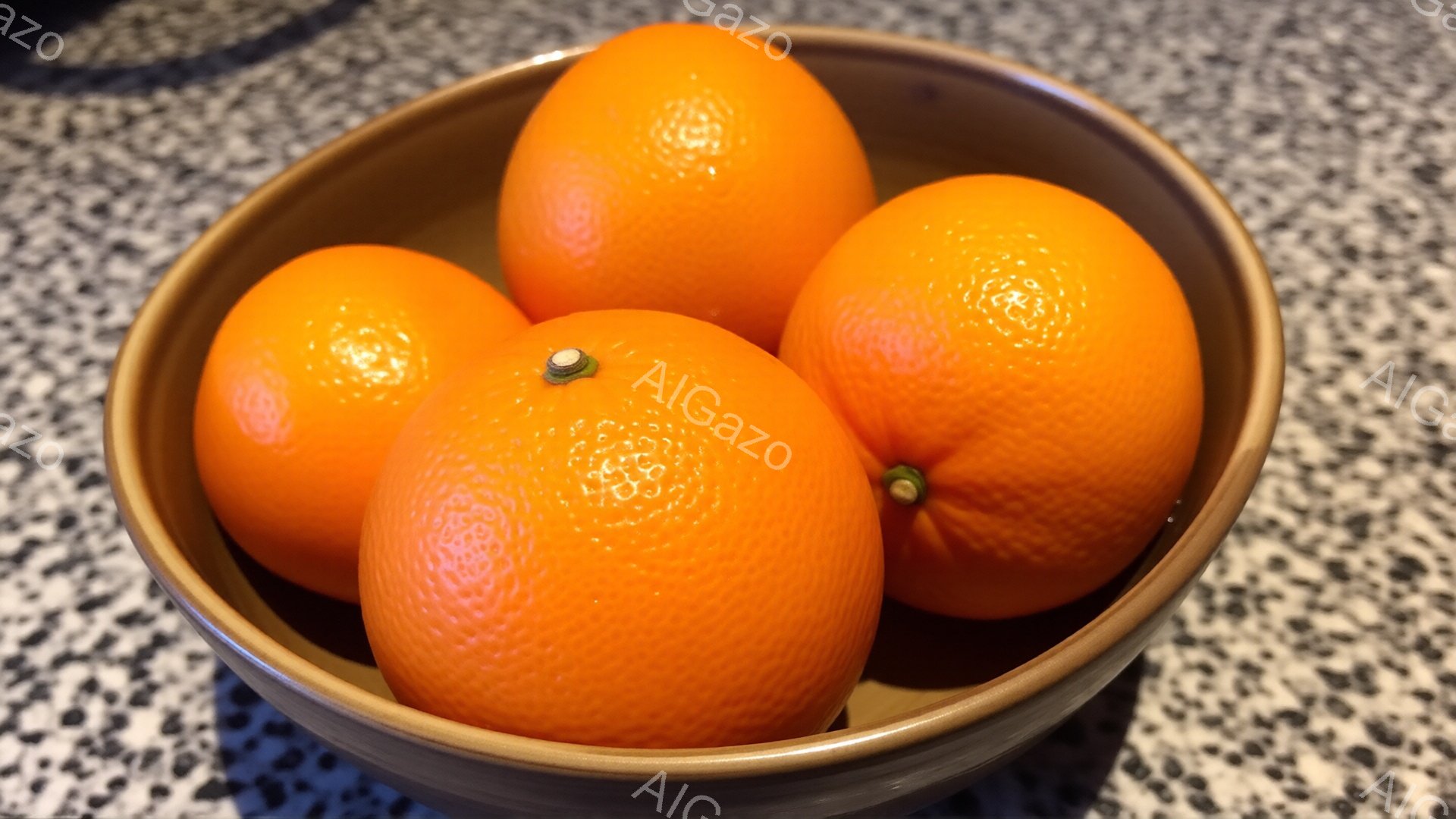 鮮やかなオレンジが浅い茶色のボウルに３つ並んでいます。オレンジの表面は細かい粒状で、葉っぱの残りがいくつか見えます。背景は灰色と黒の模様が特徴的なカウンターで、果物が中心に配置されています。