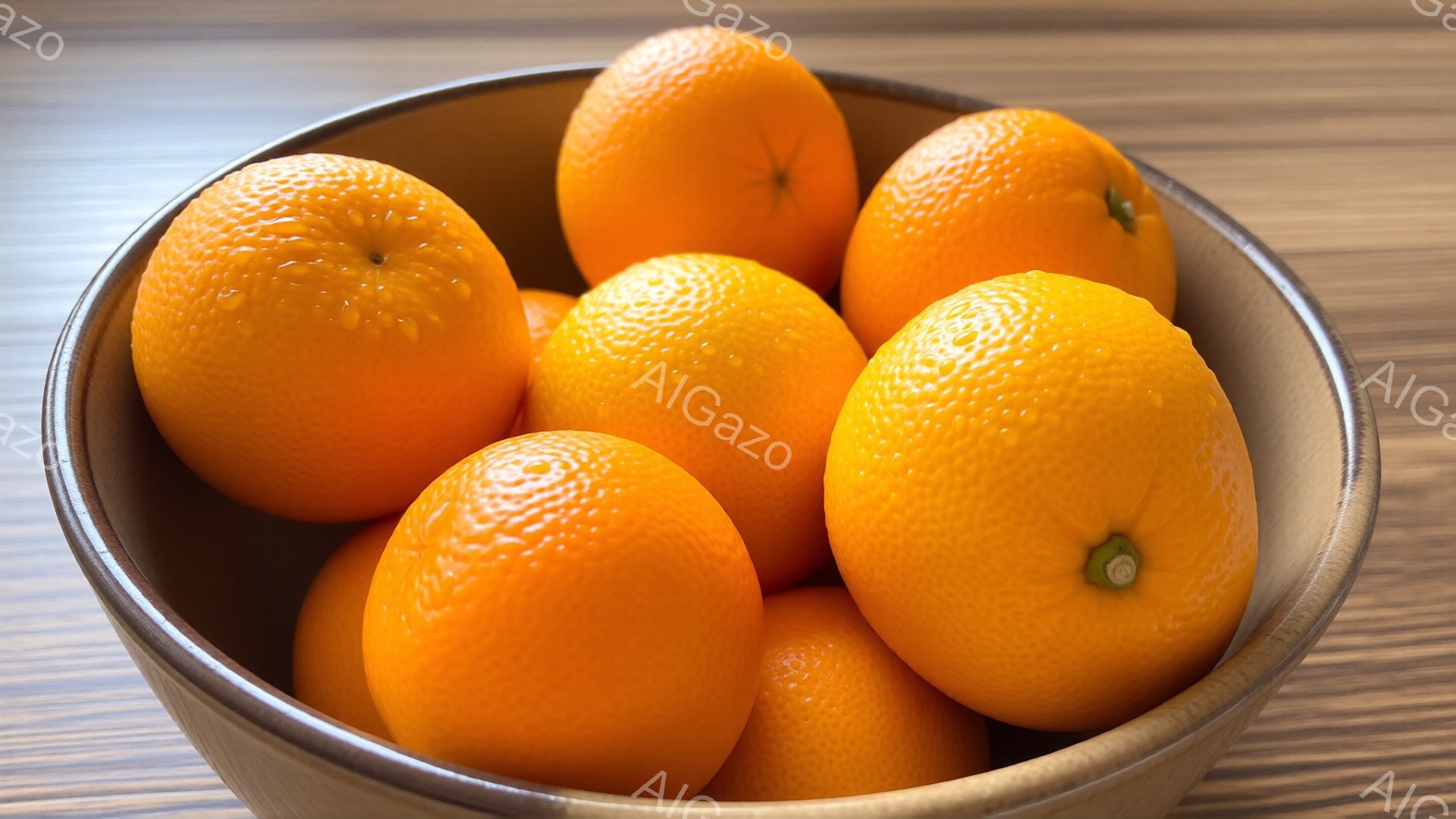 鮮やかなオレンジが、茶色の丸いボウルにぎっしりと詰まっています。オレンジの表面には水滴がついており、みずみずしさを感じさせます。背景は木目の入ったテーブルで、暖かく落ち着いた雰囲気を醸し出しています。