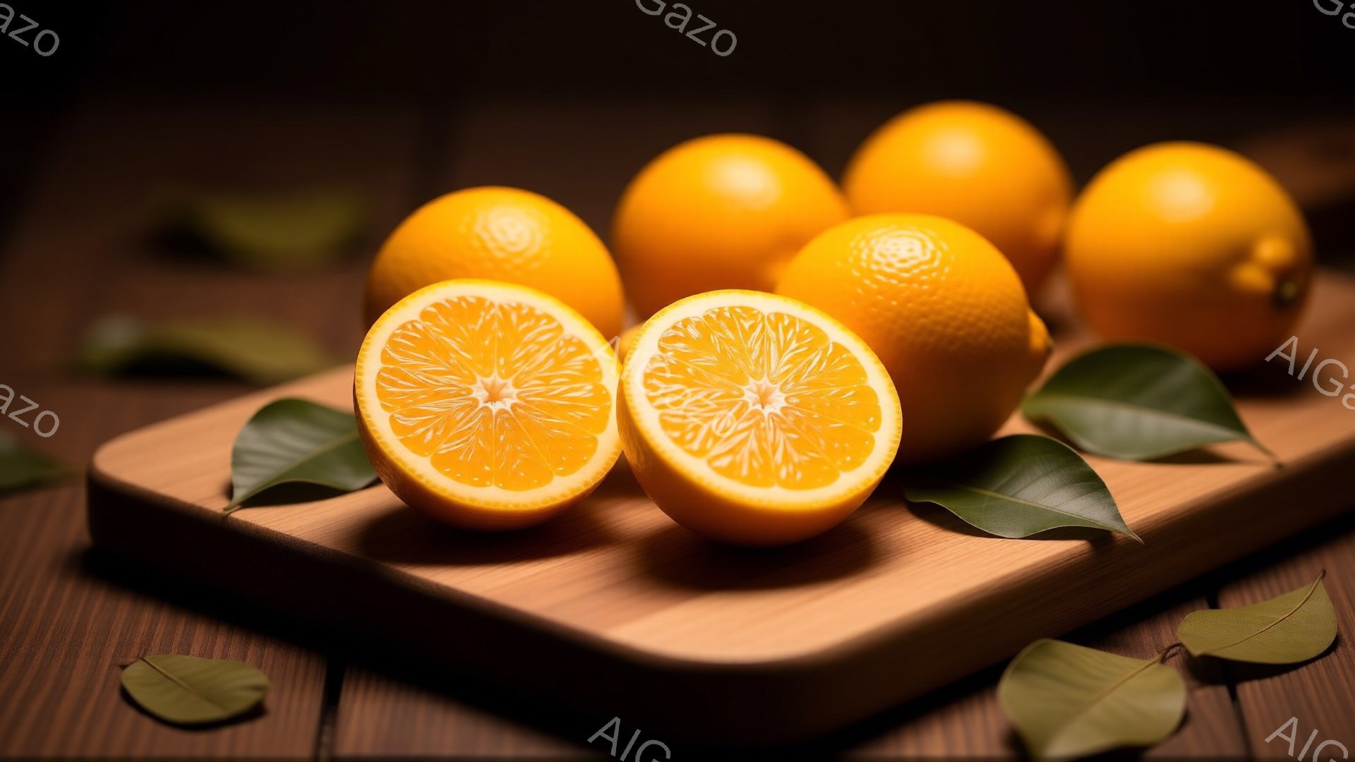 オレンジが木製の板の上に並べられており、そのうちの一つは半分にカットされています。背景は暗い木目調で、数枚の緑色の葉がオレンジの周りに散りばめられています。全体的に暖かく、食欲をそそる雰囲気です。