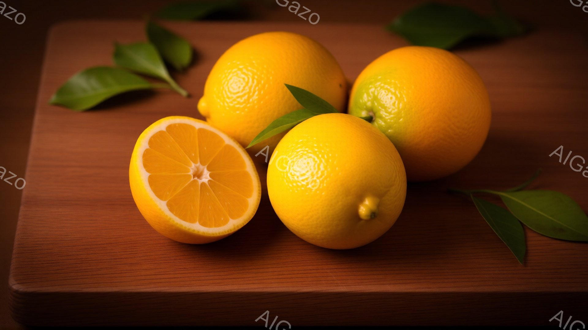鮮やかなオレンジが三つ、木製の板の上に置かれています。一つは半分にカットされており、果肉が露わになっています。周囲には緑色の葉が添えられ、全体的に暖かく、自然な雰囲気を醸し出しています。