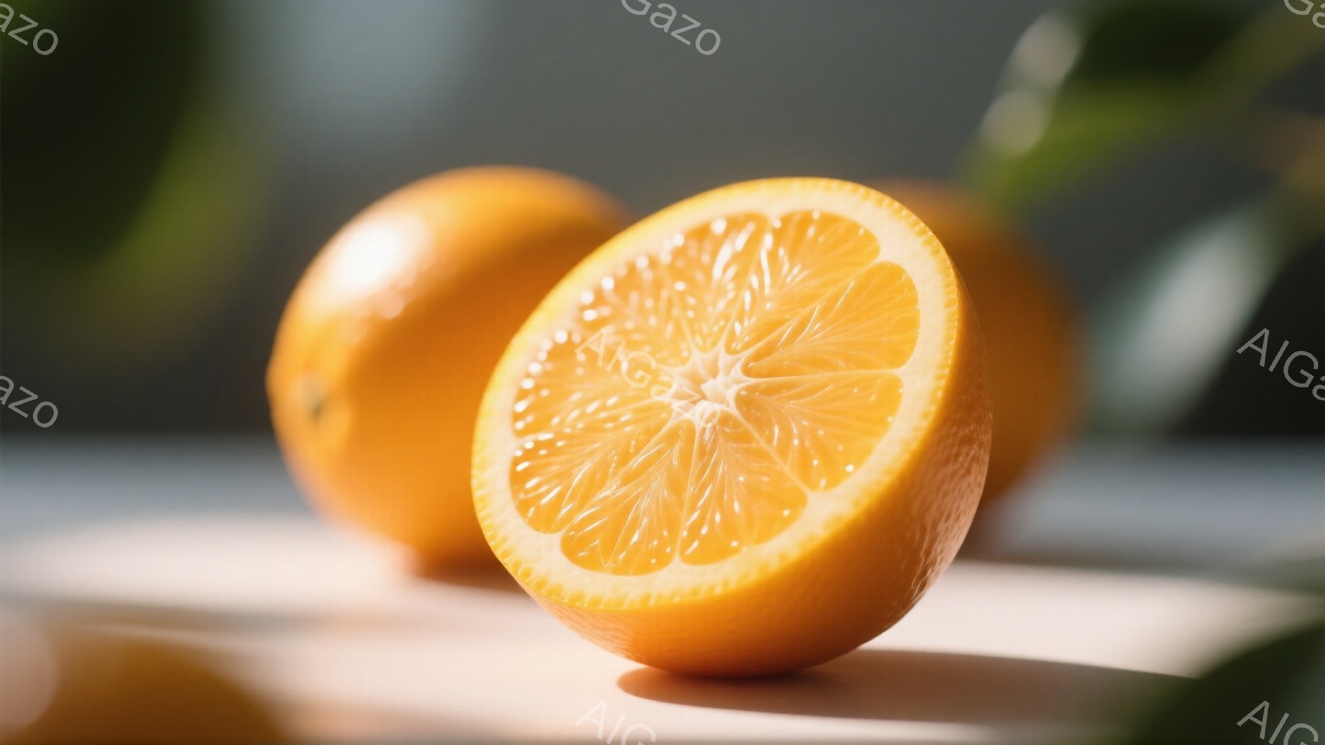 鮮やかなオレンジが2つ、白い皿の上に乗っています。一つは半分にカットされており、果肉の断面が露出し、オレンジ特有の細かい粒が見えます。背景はぼやけており、光が差し込み、オレンジの鮮やかな色合いと質感を際立たせています。