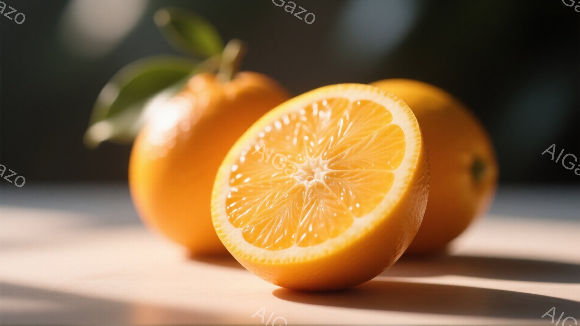 鮮やかなオレンジが2つ、木製のテーブルの上に置かれています。片方は半分にカットされており、オレンジの内部構造がはっきりと見えます。背景はぼやけており、日差しの強い屋外か、明るい室内であることが伺えます。