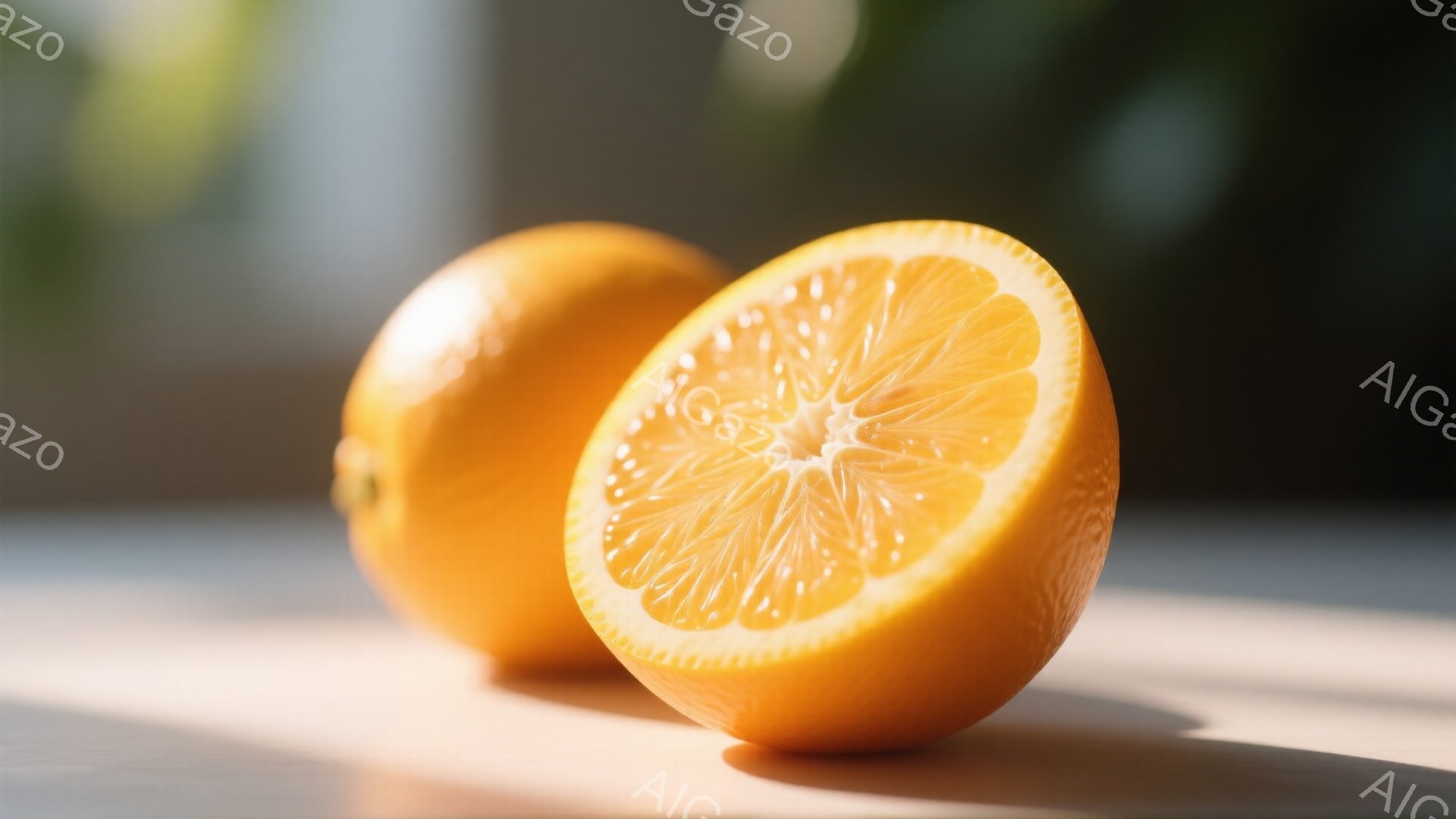画像には、鮮やかなオレンジが2つ写っています。1つは丸ごとで、もう1つは半分にカットされており、果肉が露出しています。背景はぼやけており、明るい光が差し込み、影が落とされています。