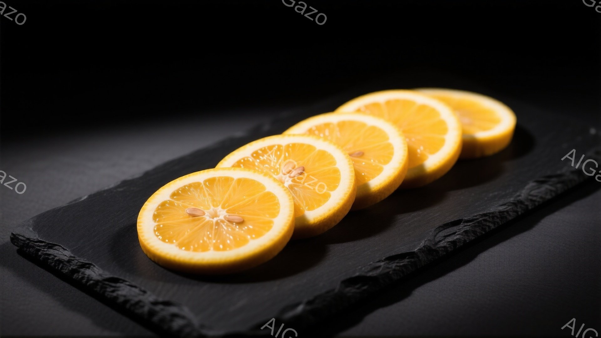 スライスされたオレンジが黒色のスレートボードの上に並べられています。オレンジの断面は鮮やかなオレンジ色で、種が見えます。背景は真っ暗で、オレンジのスライスが際立っています。