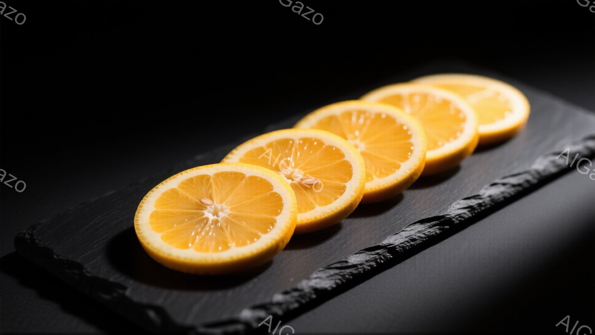 画像には、黒色のスレート板の上に並べられたオレンジのスライスが4つ写っています。オレンジは鮮やかなオレンジ色で、果汁が豊かで美味しそうに見えます。背景は完全に黒く、オレンジのスライスが際立っており、モダンでミニマルな雰囲気です。