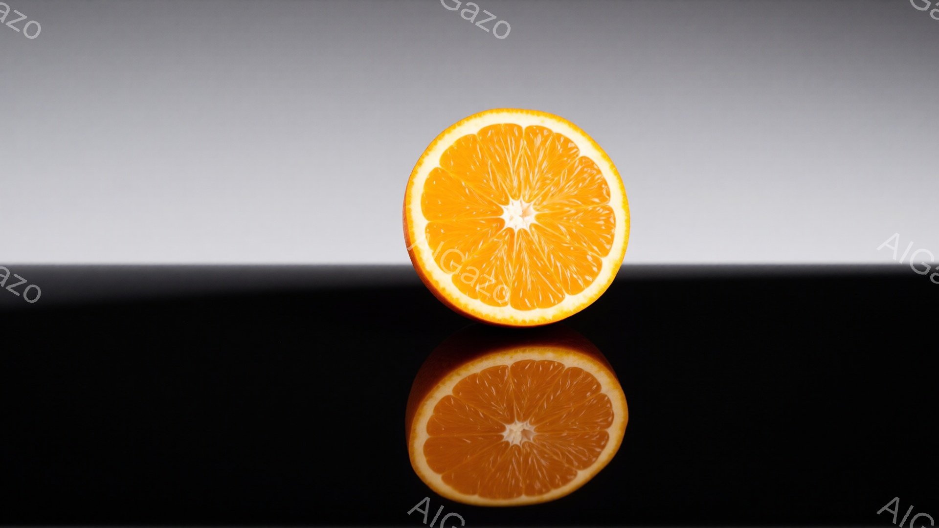 鮮やかなオレンジが半分にカットされ、黒い反射面の上に置かれています。果肉の断面が詳細に映り、種子も確認できます。背景は白と黒のグラデーションで、シンプルながらも果物の鮮やかさを際立たせています。