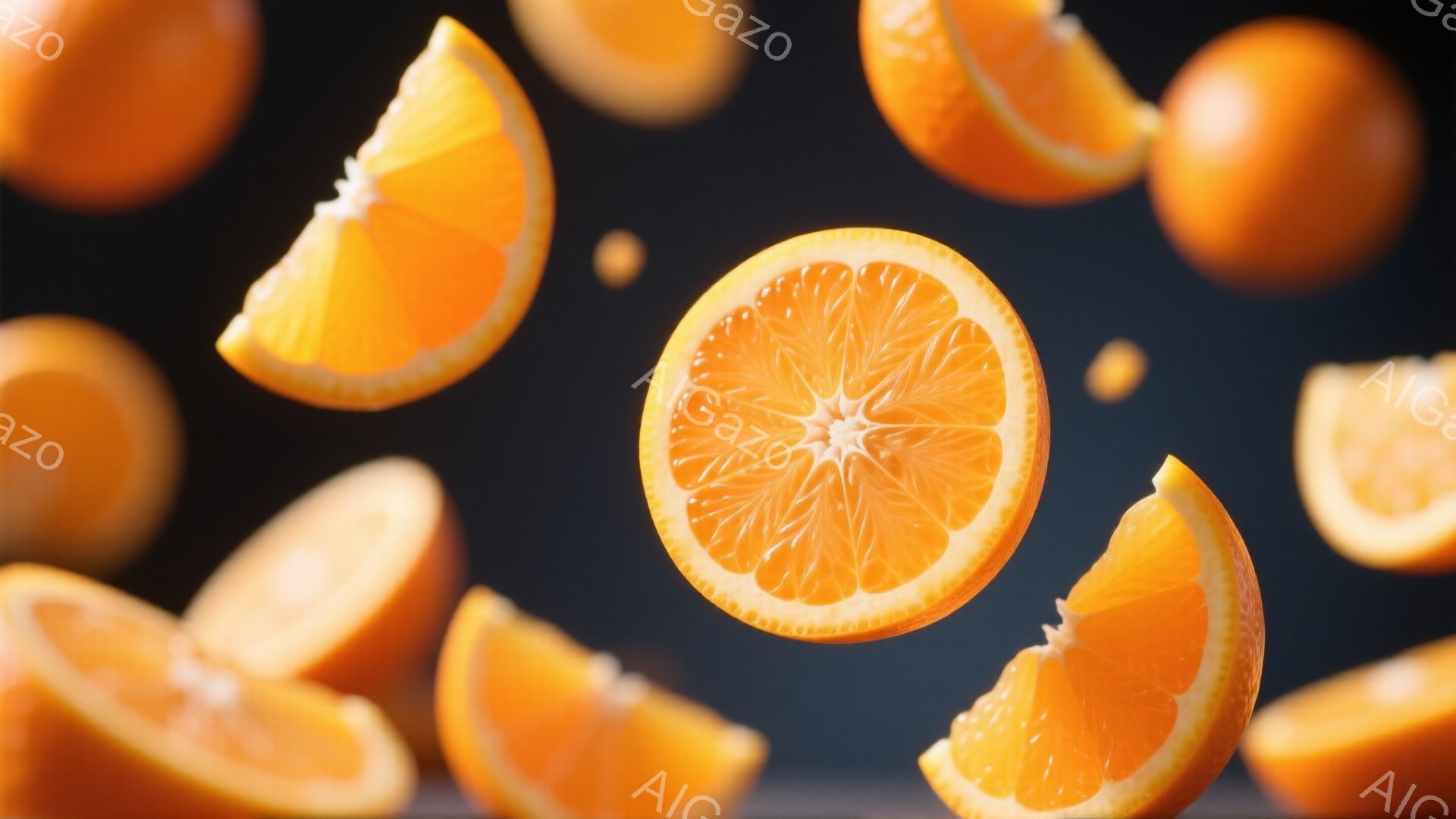 鮮やかなオレンジのスライスが、暗い背景に浮かんでいます。オレンジの果肉の美しい模様と、水分を含んだ瑞々しい質感が強調されています。全体的にダイナミックで躍動感があり、まるで時間が止まったかのような瞬間を切り取った写真です。