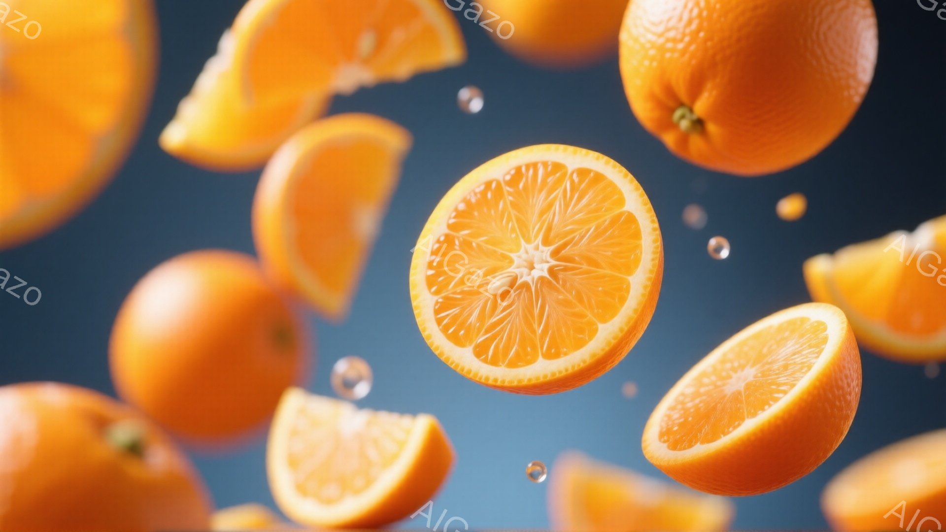 鮮やかなオレンジが宙に舞っている写真です。果肉が見える半分にカットされたオレンジや、まだ皮がついたオレンジが散りばめられ、全体的に躍動感があります。背景は濃い青色で、果物の鮮やかさを際立たせています。