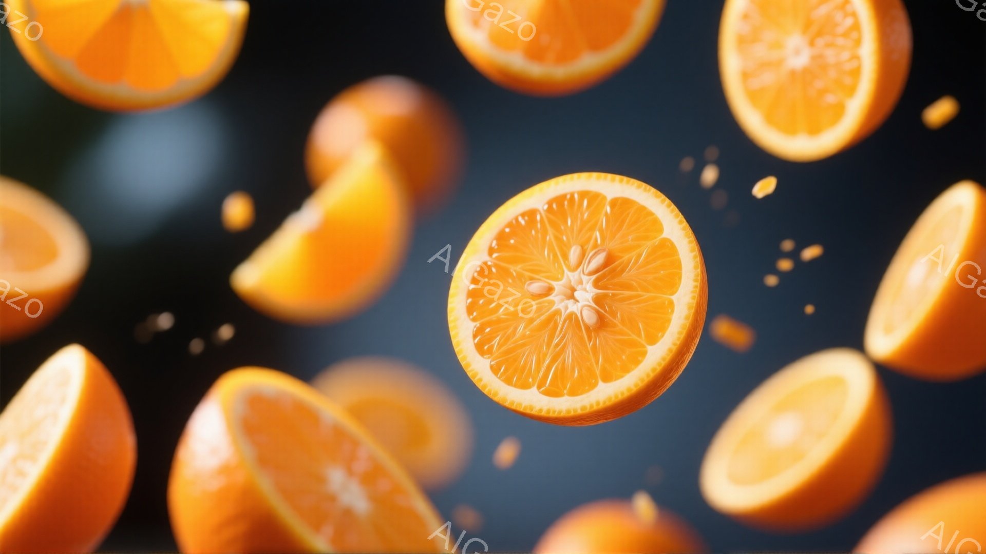 鮮やかなオレンジのスライスが空中を舞っている様子が写っています。背景は暗いグレーで、スライスの鮮やかさが際立っています。全体的にダイナミックで、ジューシーなオレンジの香りが漂ってきそうな雰囲気です。