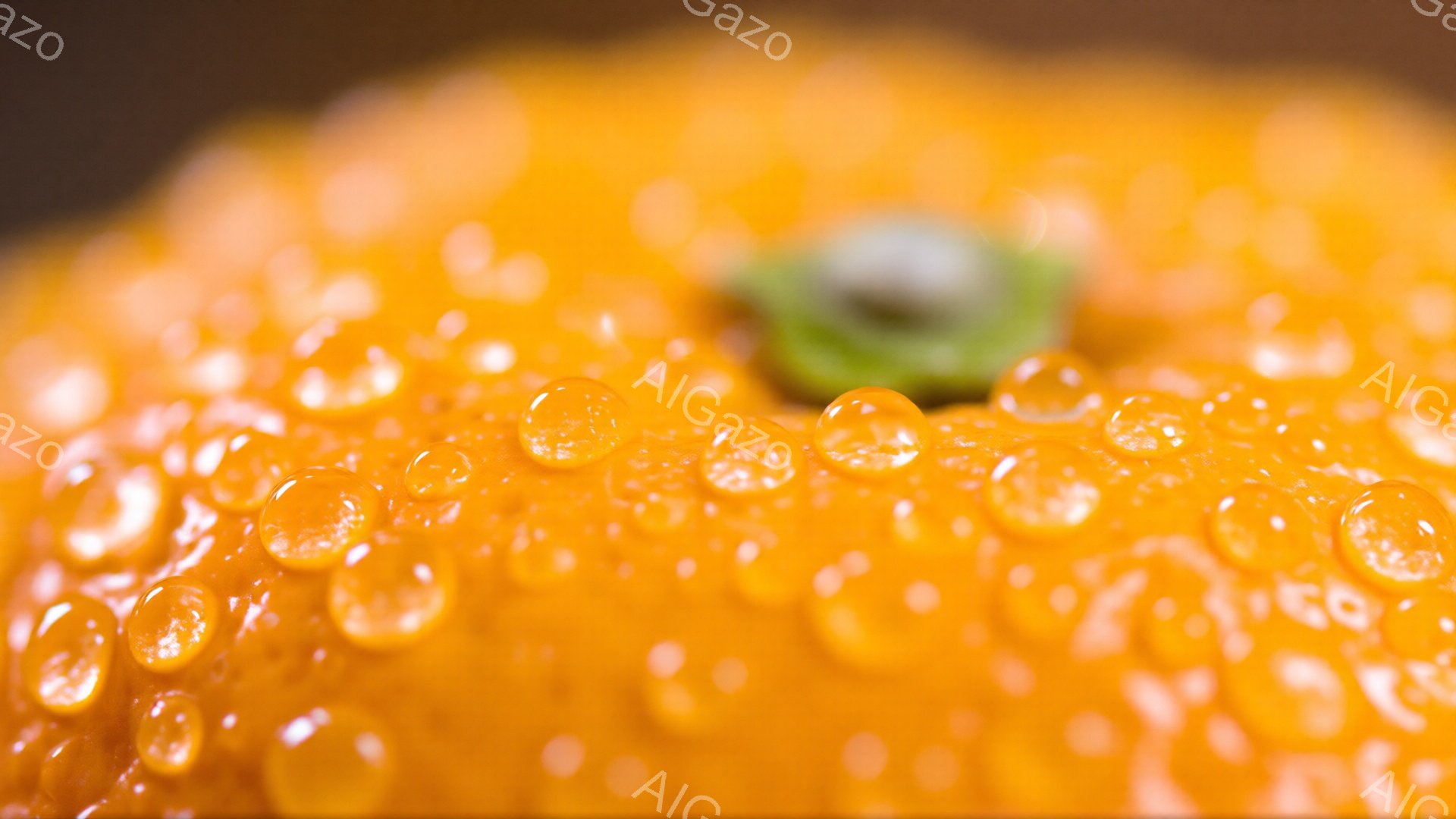 鮮やかなオレンジ色の柑橘類が、表面に水滴をまとって写っています。焦点が浅く、背景はぼかされており、オレンジの質感と水滴の丸みが際立っています。全体的に瑞々しく、生命力に満ちた雰囲気が感じられます。