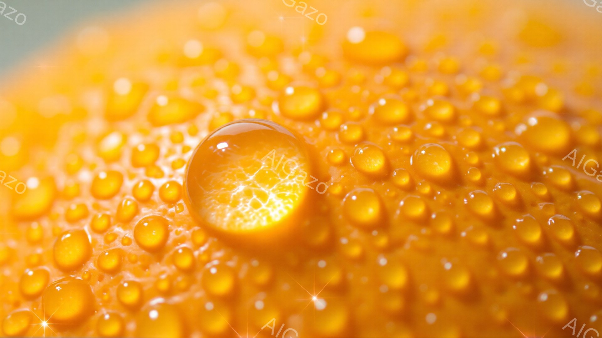 鮮やかなオレンジ色の表面に、無数の水滴が密集しているクローズアップ写真です。水滴は様々な大きさで、光を反射してキラキラと輝き、表面の質感を強調しています。全体的に、爽やかで清潔感のある、生命力に満ちた雰囲気を感じさせます。