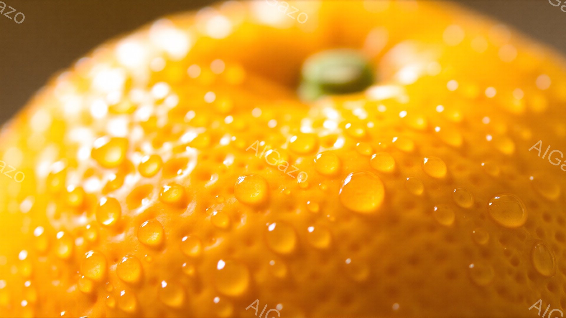 鮮やかなオレンジ色の柑橘類が画面いっぱいに広がっており、表面には細かい水滴が無数に付着している。光が水滴に反射し、キラキラと輝き、ジューシーでみずみずしい印象を与える。背景はぼやけており、オレンジのテクスチャと水滴が際立っている。
