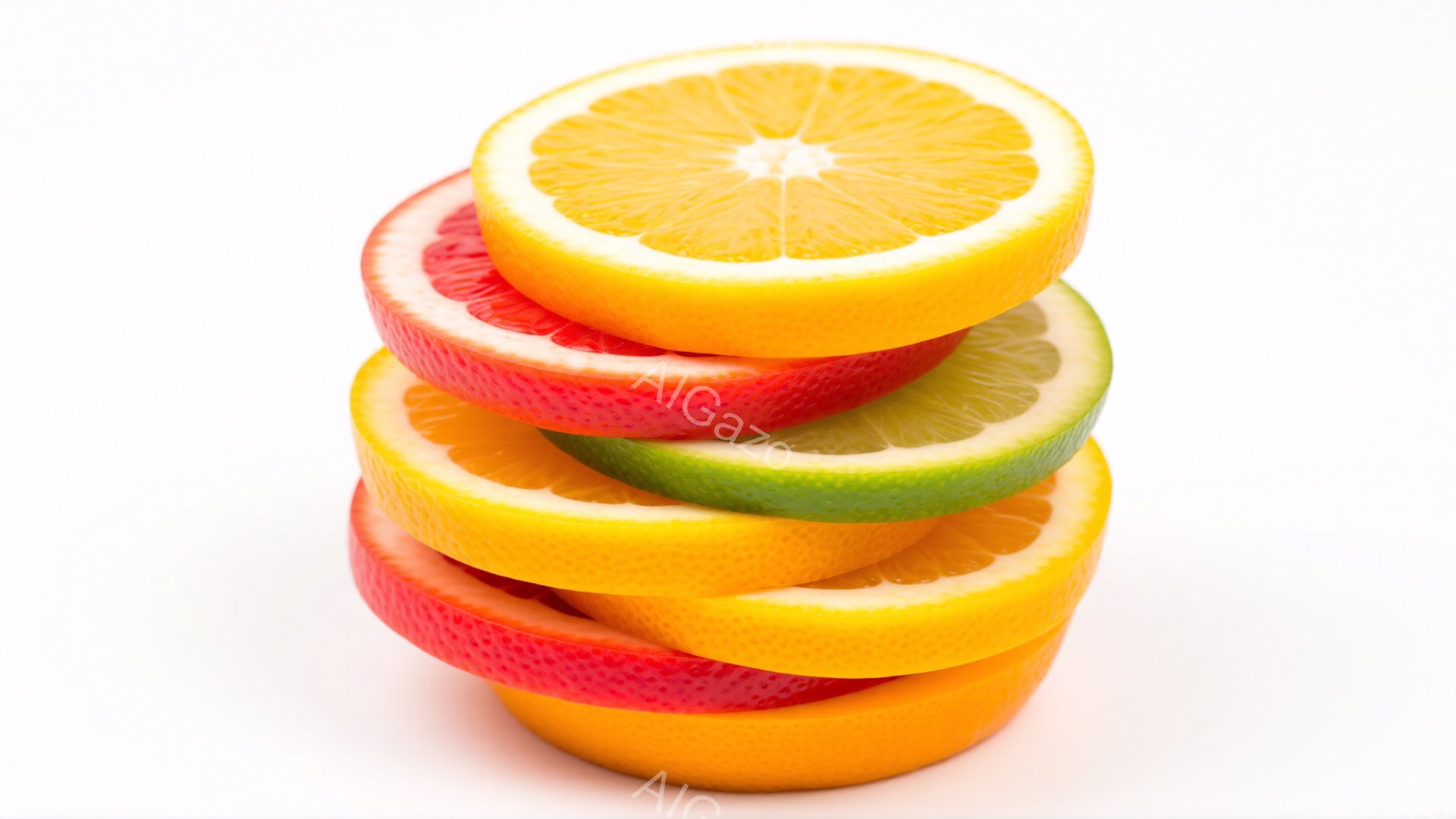 画像には、さまざまな柑橘系の果物のスライスが積み重ねられています。オレンジ、ピンクグレープフルーツ、緑色の柑橘類のスライスが、明るい背景に対して鮮やかに映えています。全体的に、新鮮で健康的な雰囲気を感じさせる構成です。