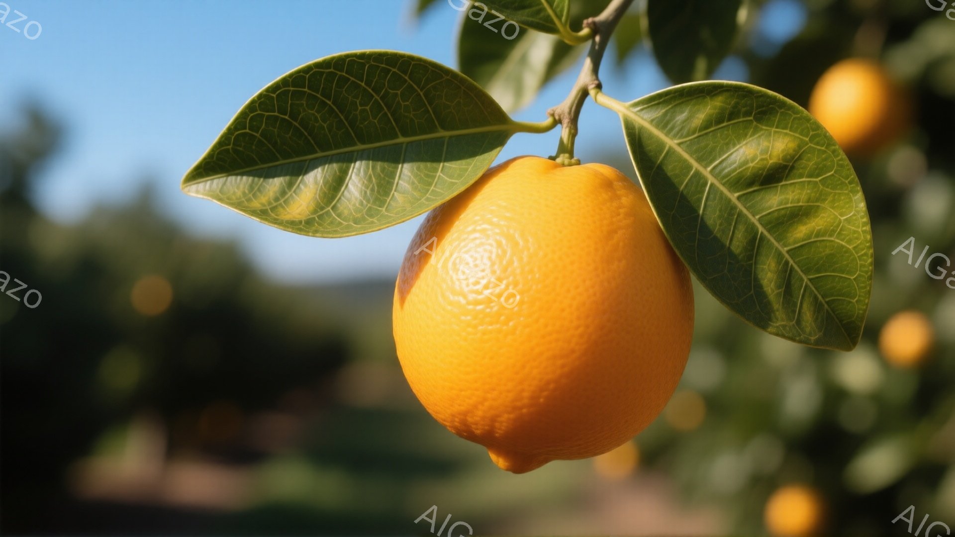 鮮やかなオレンジ色の柑橘類が、濃い緑の葉に囲まれて枝にぶら下がっている。背景にはぼやけたオレンジ色の果実が多数見え、温暖な日差しの中でオレンジ園の一角が捉えられている。全体的に、豊穣な自然の恵みと穏や - AI生成フリー素材