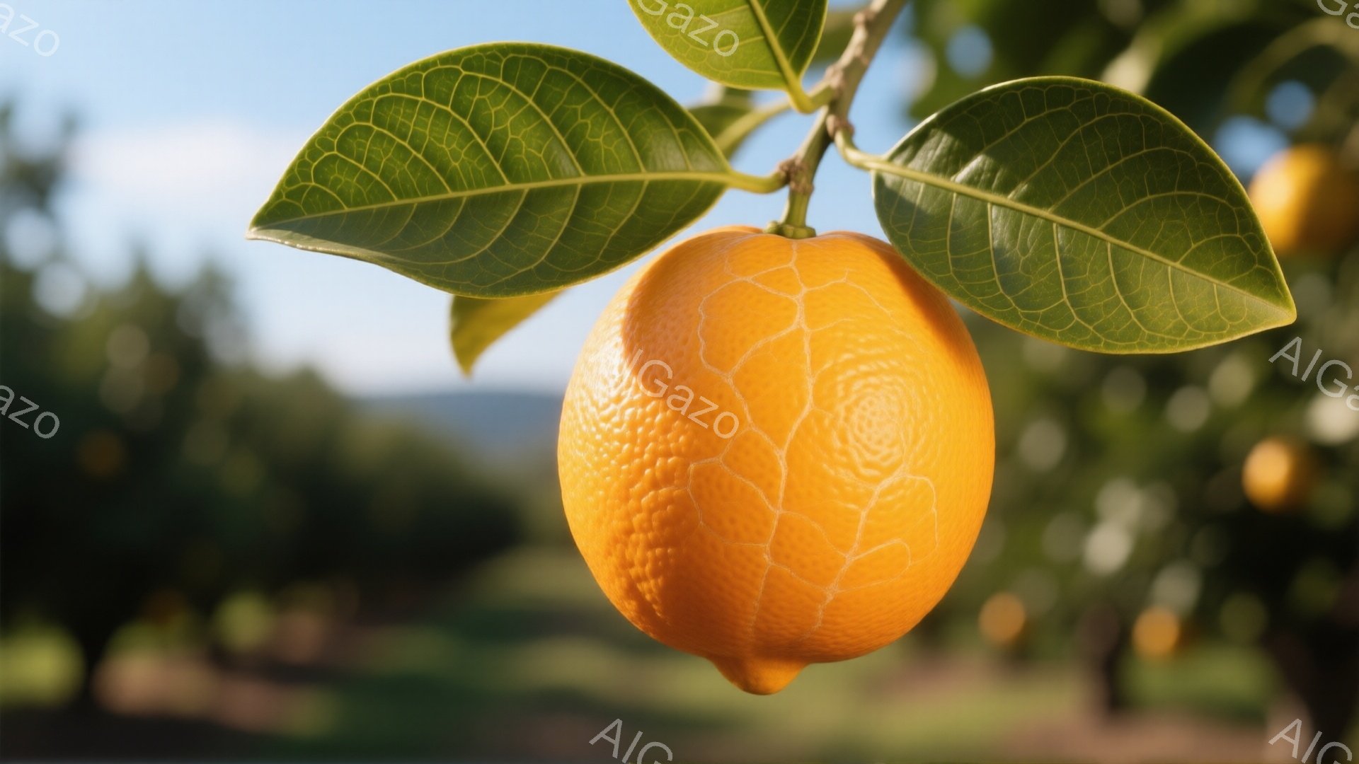鮮やかなオレンジ色の柑橘類が、緑色の葉に囲まれて枝にぶら下がっている。背景にはぼやけたオレンジの木々が広がり、穏やかな日差しが差し込んでいる様子が伺える。全体的に暖かく、自然な雰囲気が漂う、実りの秋を - AI生成フリー素材