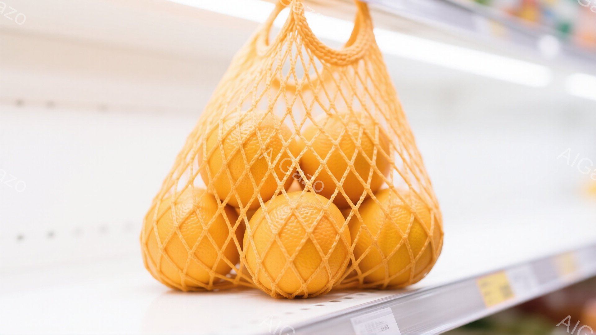 オレンジが網袋に入れられ、白い棚に置かれています。鮮やかなオレンジ色が目を引き、果物が新鮮で美味しそうに見えます。棚は明るく清潔で、スーパーマーケットか市場の一部のようです。