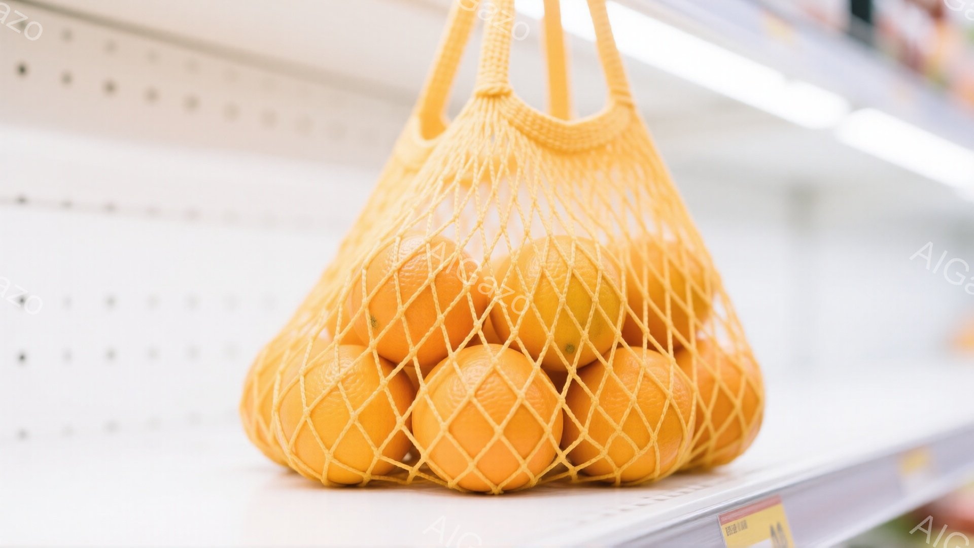 オレンジが網袋に詰め込まれ、白い棚の上に置かれています。鮮やかなオレンジ色が目を引き、その下の価格表示がわずかに見えます。全体的に清潔で明るい雰囲気であり、食料品店の一角であると考えられます。