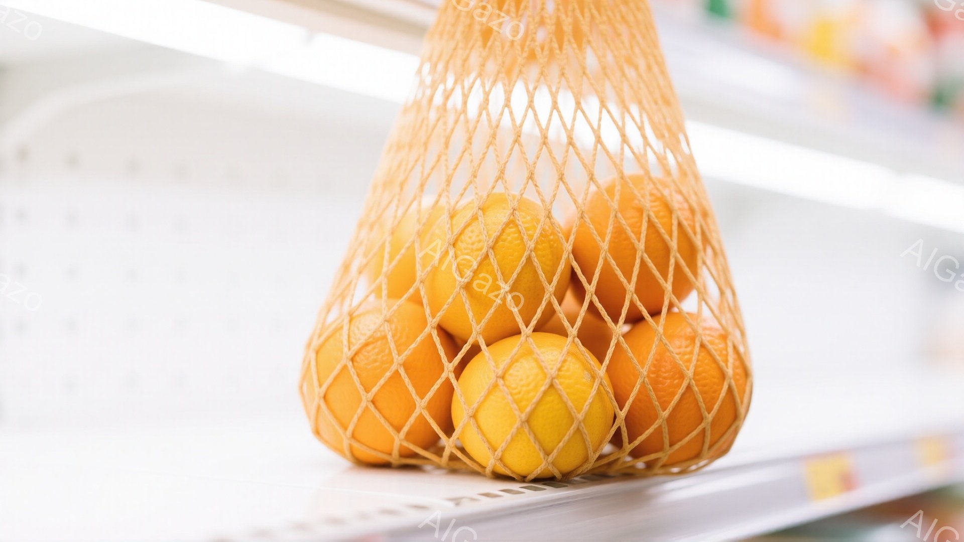 オレンジがオレンジ色の網袋にたっぷり詰まっており、鮮やかな色彩が目を引きます。背景には白い棚がぼんやりと見え、スーパーマーケットまたは果物店の一角を思わせます。全体的に明るく、食欲をそそる雰囲気です。