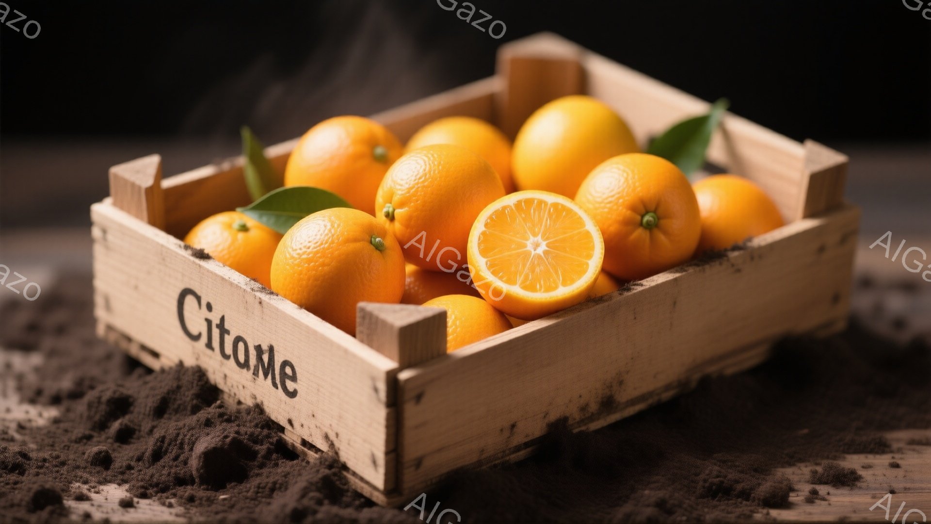 木箱の中にオレンジがたっぷり詰まっています。一部のオレンジはカットされており、中身が見えることで瑞々しさが強調されています。箱には「Citame」と書かれており、箱の周りには茶色の粉末が散らばり、素朴な雰囲気を醸し出しています。