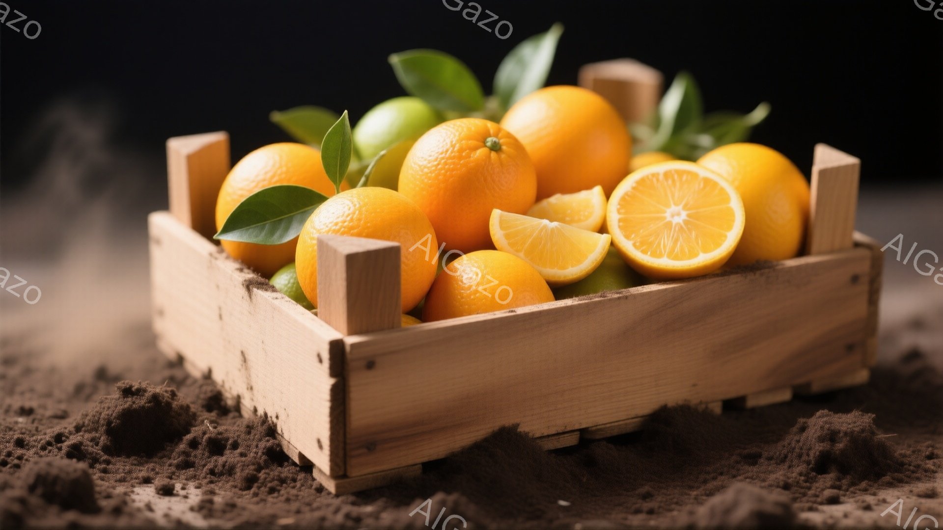 木箱の中にオレンジや柑橘類が山積みにされています。鮮やかなオレンジ色と緑の葉が印象的で、箱の周りには土のようなものが散らばっています。全体的に暖かく、収穫されたばかりのフレッシュなフルーツの雰囲気が漂っています。