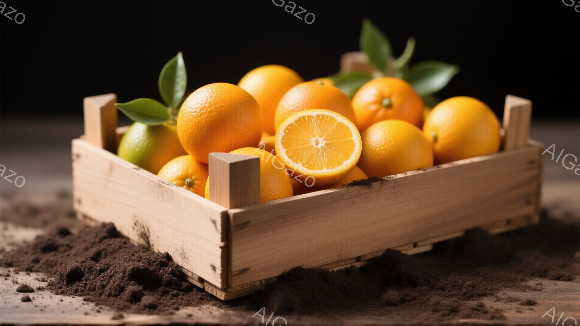 オレンジが木製の箱の中にたくさん入っており、鮮やかなオレンジ色が目を引きます。箱は茶色い土の上に置かれ、いくつかのオレンジは半分に切られて中身が見えています。全体的に暖かく、自然な雰囲気で、収穫のイメージが伝わってきます。