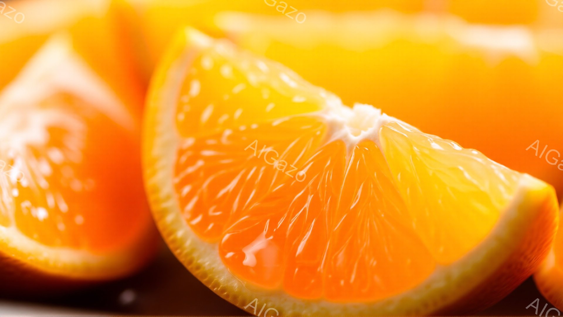 鮮やかなオレンジ色のオレンジのスライスが複数、画面に並んでいます。果肉はジューシーで、水分を湛えている様子が伺えます。背景は暗く、オレンジのスライスが際立っており、食欲をそそる雰囲気です。
