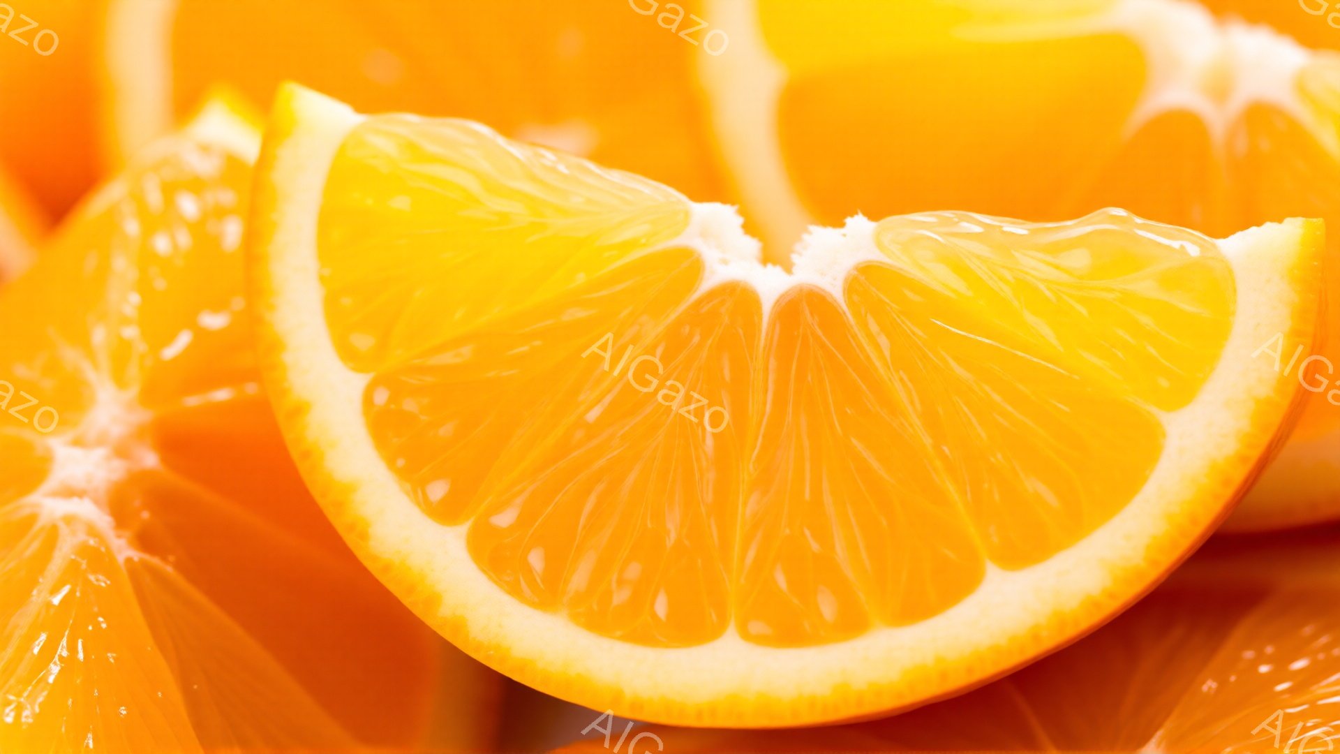 鮮やかなオレンジが数切れ、クローズアップで写っている。果汁たっぷりのオレンジの断面は、みずみずしく、種子が見える。全体的に暖かく、食欲をそそる雰囲気で、背景はぼやけてオレンジの鮮やかさを際立たせている。