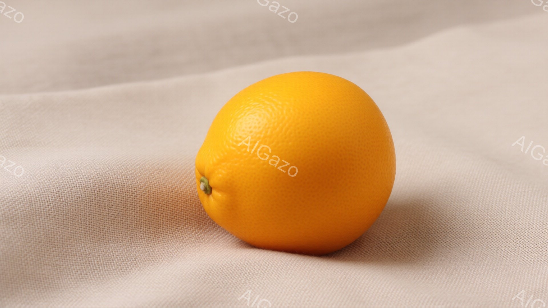 鮮やかなオレンジ色の果物が、淡いベージュ色の布の上に置かれています。果物の表面はわずかにテクスチャがあり、光沢を帯びています。背景は単調で、果物が際立って見えます。