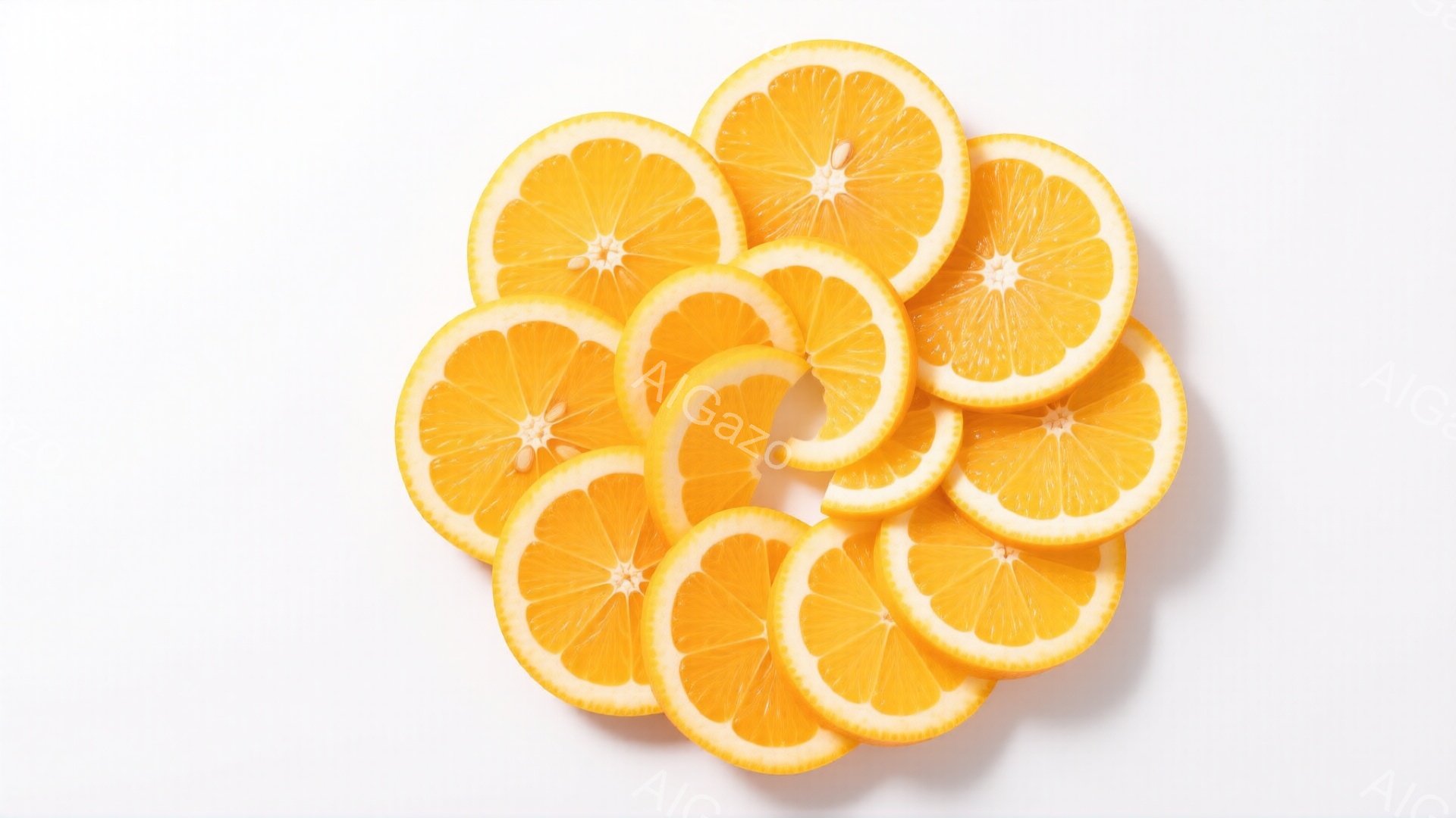オレンジのスライスが白い背景に円形に配置されています。果肉の鮮やかなオレンジ色が目を引き、種が見えるものもあります。全体的にシンプルで清潔感のある、爽やかな印象を与えます。
