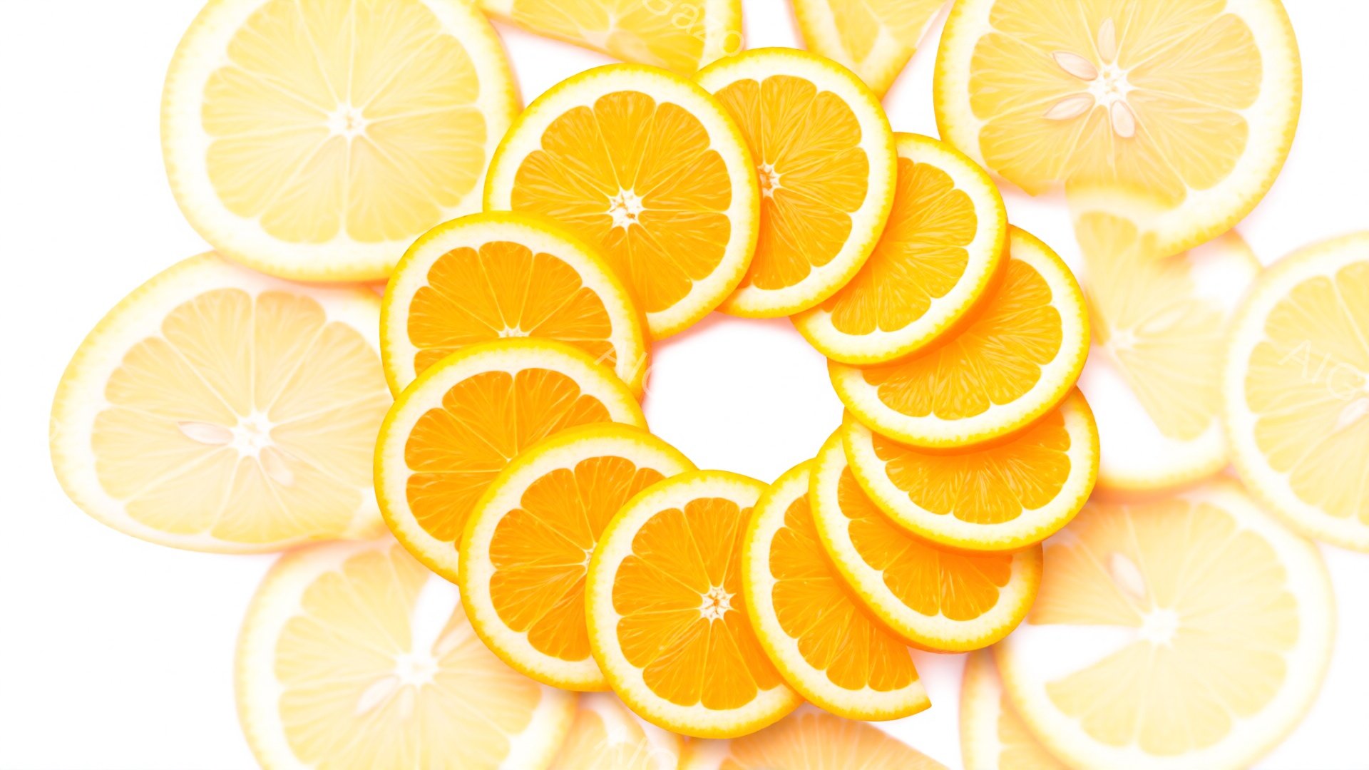 白い背景にオレンジのスライスが円形に配置されています。オレンジは鮮やかなオレンジ色で、果肉の水分と種が見て取れます。全体的に爽やかで、健康的な印象を与える構成です。