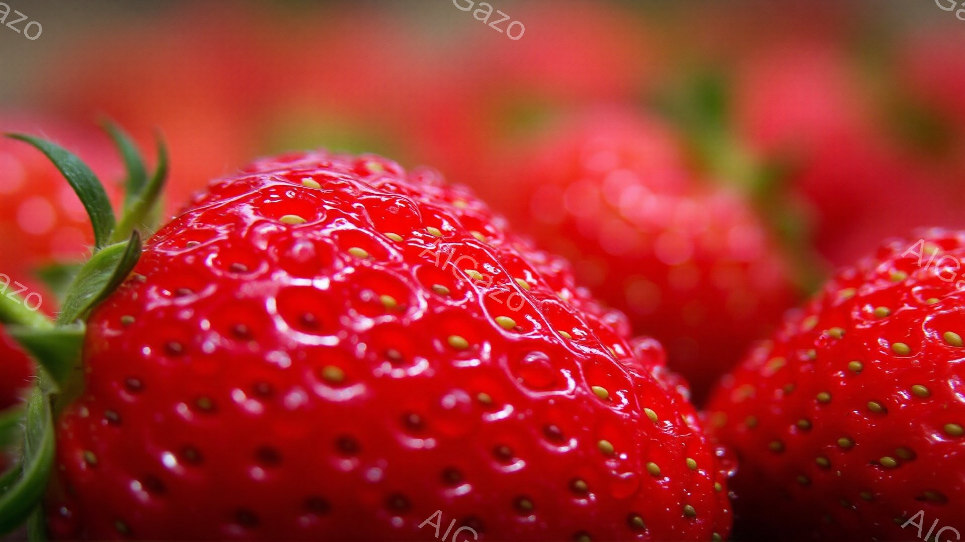 鮮やかな赤いイチゴが複数、非常に近くで捉えられています。表面には水滴が輝き、みずみずしさを強調しています。背景はぼかされており、イチゴの鮮やかさと質感が際立っています。 - AI生成フリー素材