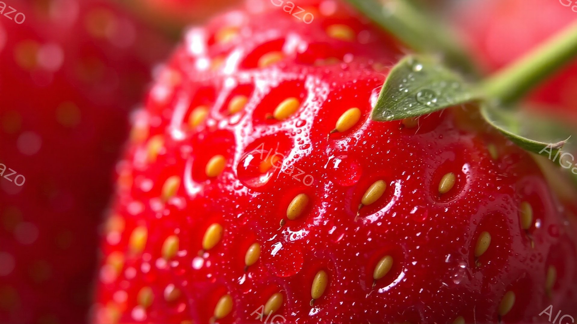 鮮やかな赤いイチゴが画面いっぱいに広がっており、表面には水滴が光っている。種が密集して点在し、緑色の萼がわずかに顔をのぞかせている。全体的に瑞々しく、生命力に満ち溢れた、夏の果実の雰囲気が漂う。 - AI生成フリー素材