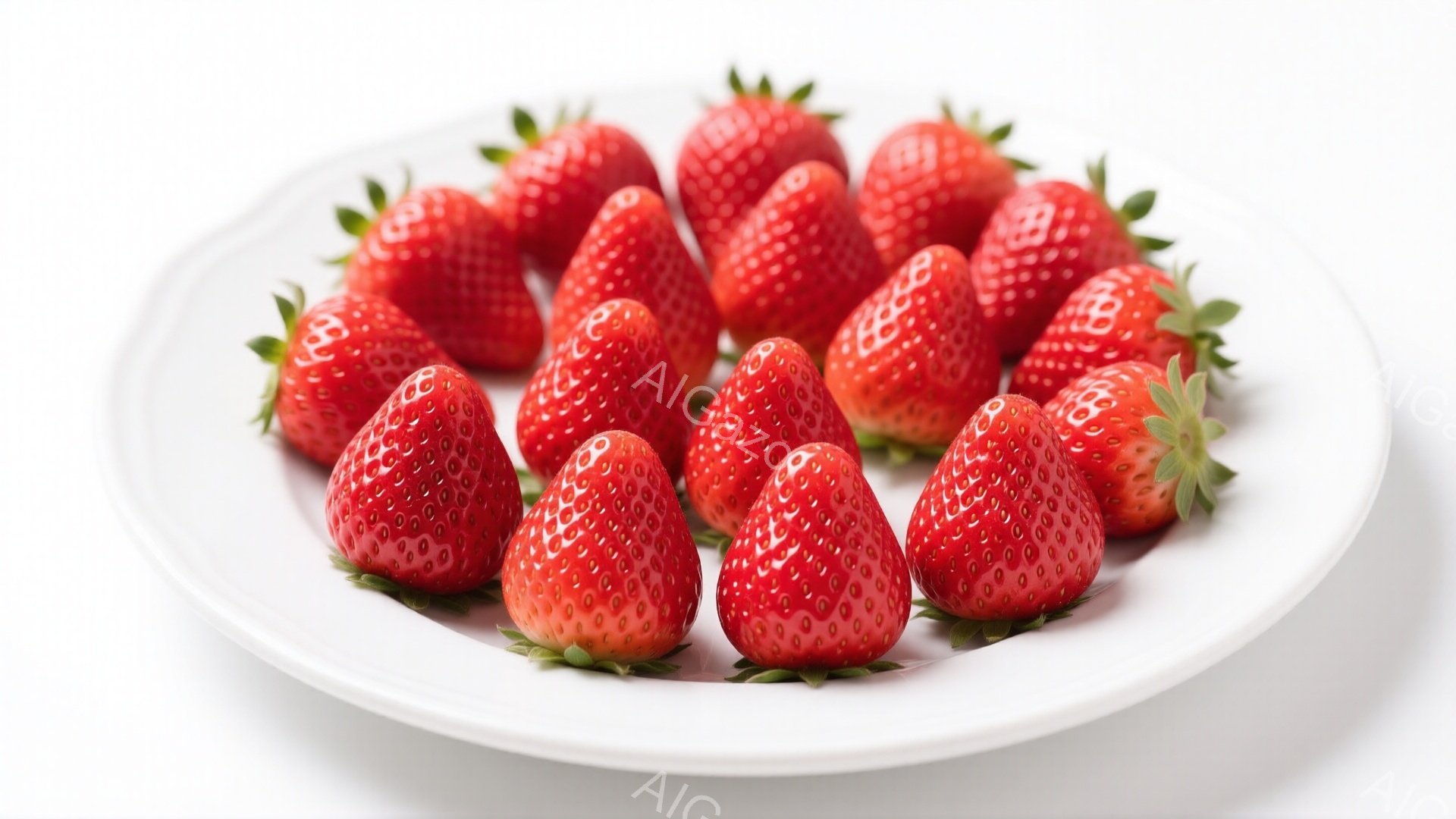白い皿に、新鮮なイチゴが並べられています。赤く熟したイチゴは、緑色の葉っぱと茎がついており、みずみずしく見えます。背景は白く、イチゴの色が際立っており、全体的に清潔で食欲をそそる印象です。 - AI生成フリー素材