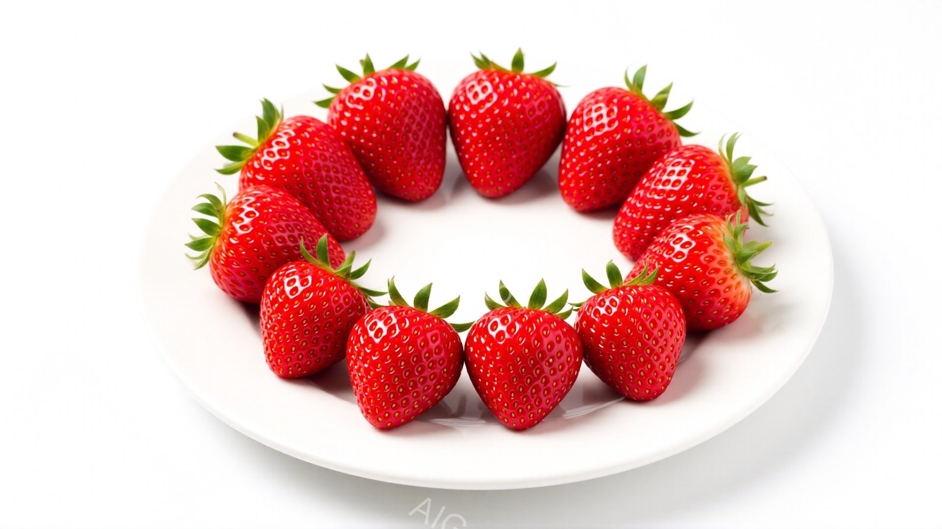 白い皿の上に、新鮮なイチゴが円形に並べられています。イチゴは鮮やかな赤色で、緑色の葉がつき、瑞々しい様子が伺えます。背景は白一色で、イチゴの赤色が際立っており、シンプルで清潔感のある印象を与えます。