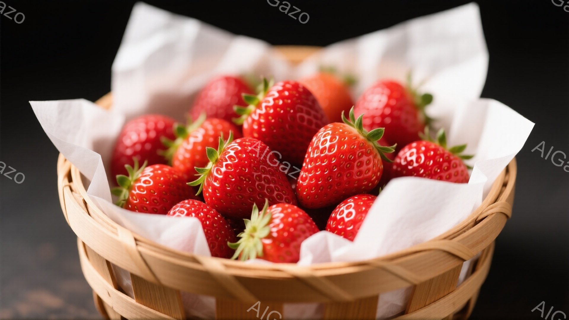 籠の中に、瑞々しい赤いイチゴがたっぷり詰め込まれています。白いクッキングペーパーが敷かれ、イチゴの鮮やかさを引き立てています。背景は暗く、イチゴの赤色が際立ち、美味しさを強調する雰囲気です。