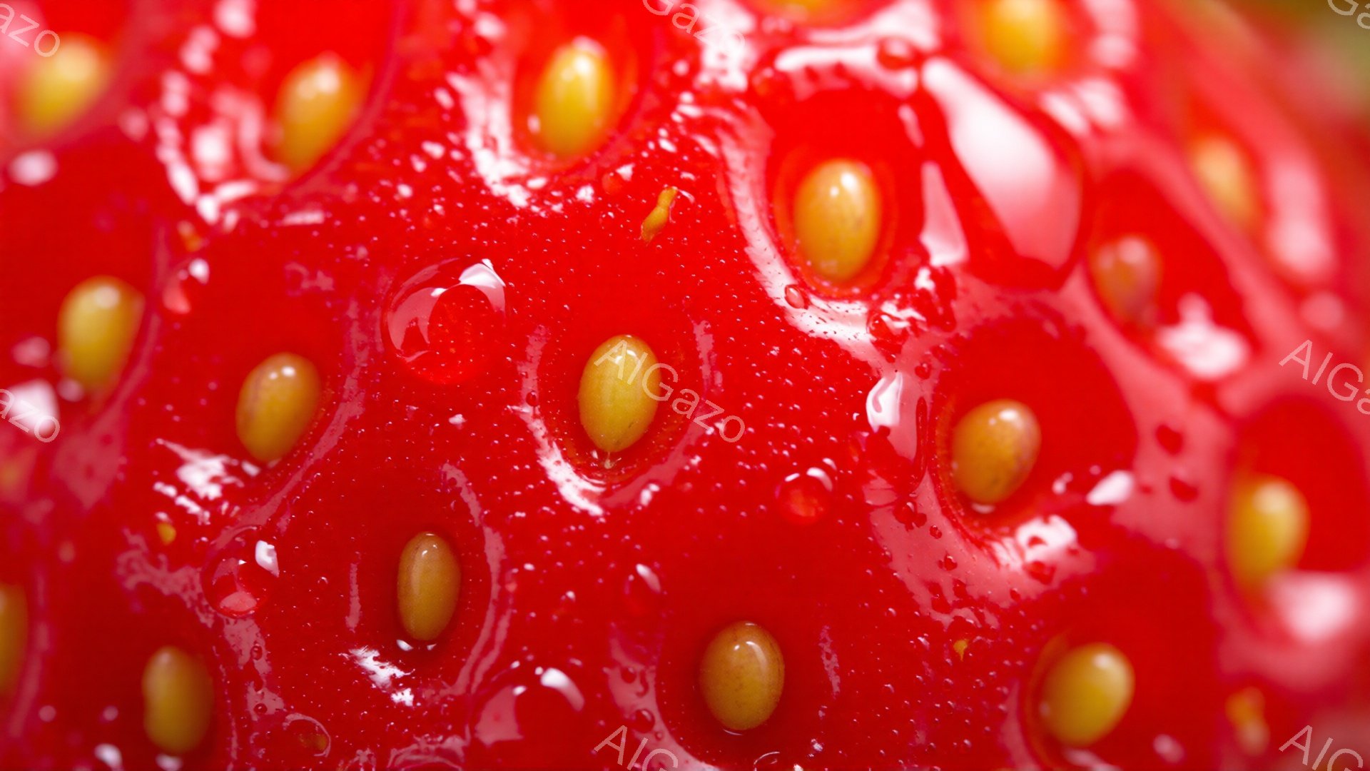 鮮やかな赤色のイチゴの表面が極端にクローズアップされた画像です。種が黄色く点在し、表面には細かい凹凸が見られます。全体的に瑞々しく、果実のテクスチャが強調されています。