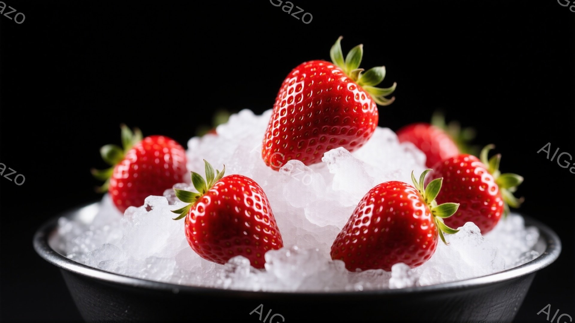 鮮やかな赤いイチゴが、砕いた氷の上に盛り付けられています。イチゴは緑色の葉と茎を持ち、つややかで瑞々しい様子が伺えます。黒い器とのコントラストが美しく、涼しげで食欲をそそる雰囲気を醸し出しています。 - AI生成フリー素材