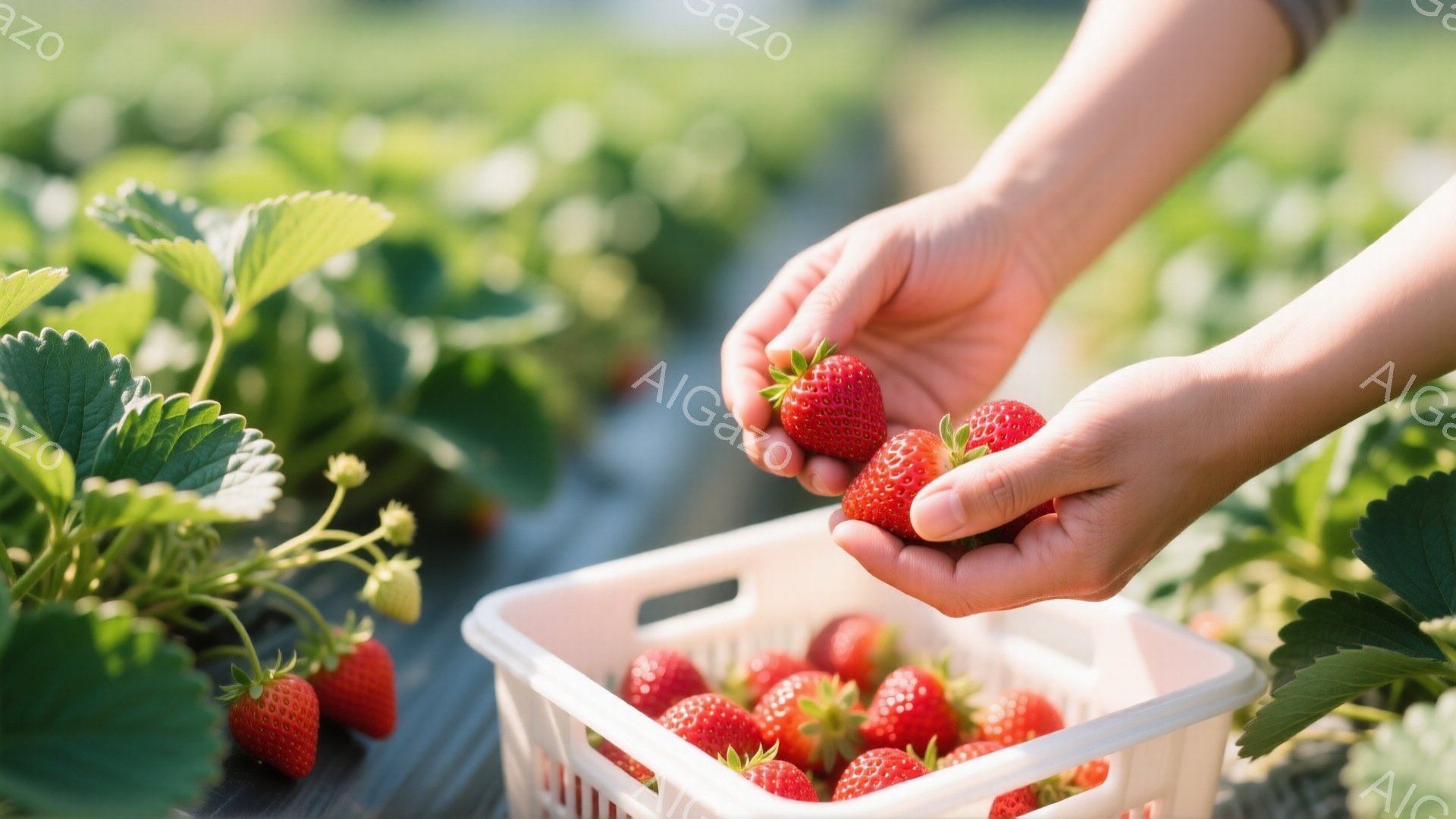鮮やかな赤色のいちごが、白いプラスチック製のカゴにぎっしりと詰まっています。手は数個のいちごを選び出し、鮮やかな赤い実を光に照らされています。背景には緑豊かないちご畑が広がり、晴れた日の穏やかな収穫の - AI生成フリー素材