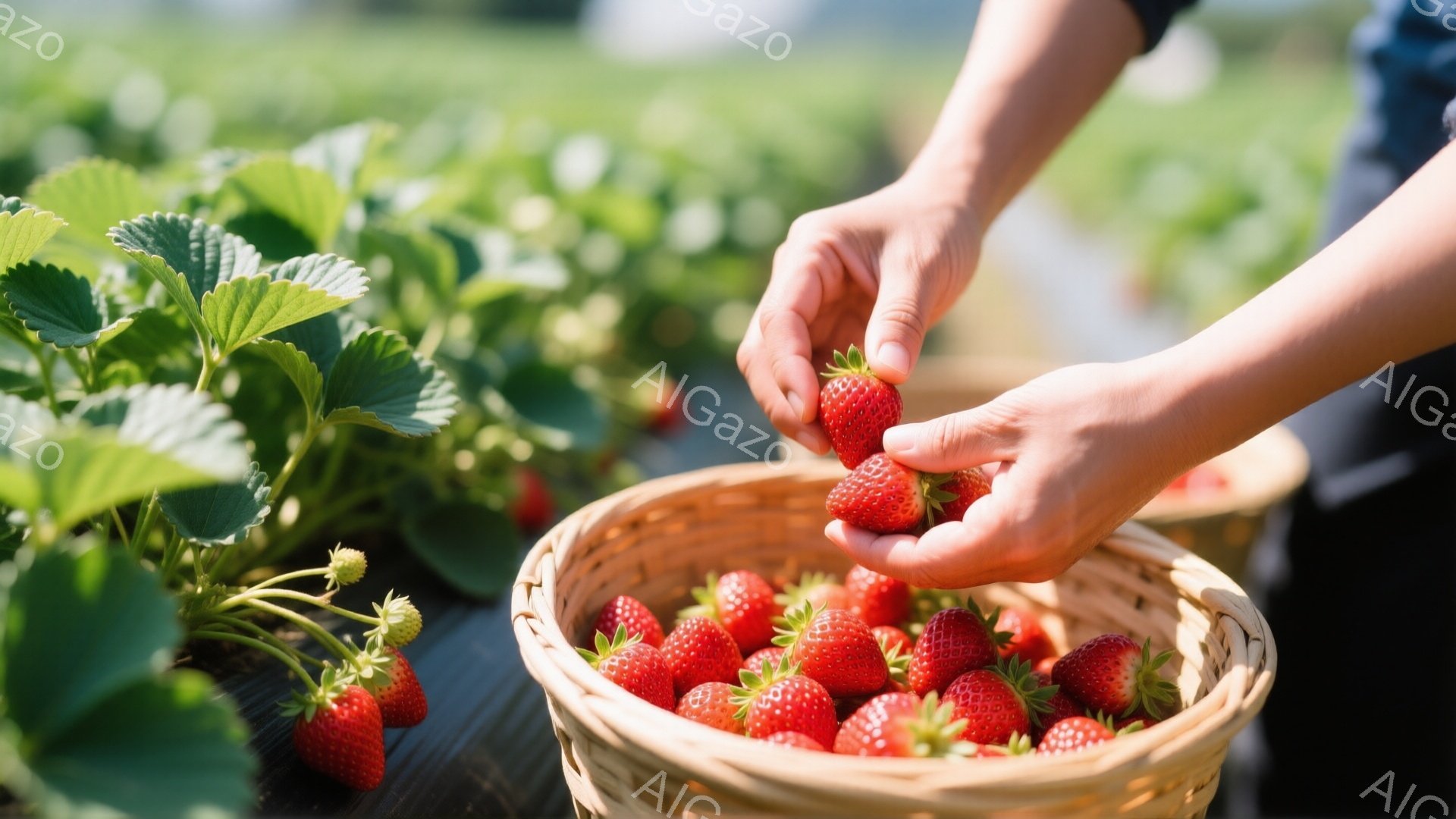 鮮やかな赤いイチゴが、黒いビニールマルチと緑の葉に囲まれた畑で収穫されています。手は、編み込まれたバスケットに瑞々しいイチゴを丁寧に並べており、その背景には広大なイチゴ畑が広がっています。晴れた日の穏やかな雰囲気で、収穫の喜びが伝わってきます。