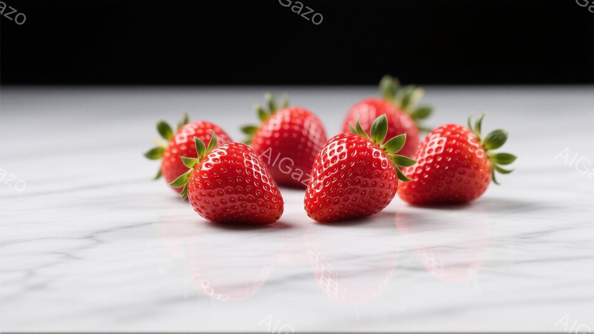 鮮やかな赤いイチゴが5つ、大理石のような白い背景の上に並んでいます。イチゴは瑞々しく、葉っぱも鮮やかで、表面には小さな種が密集しています。背景は光沢があり、イチゴの鮮やかさを引き立てています。